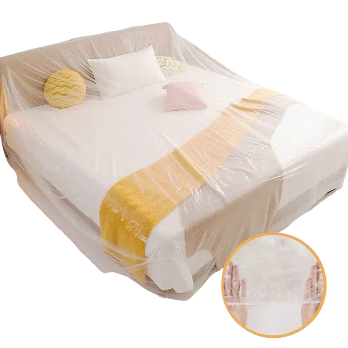 Transparent plastic furniture dust cover featuring a clear plastic bed cover with yellow and white striped design