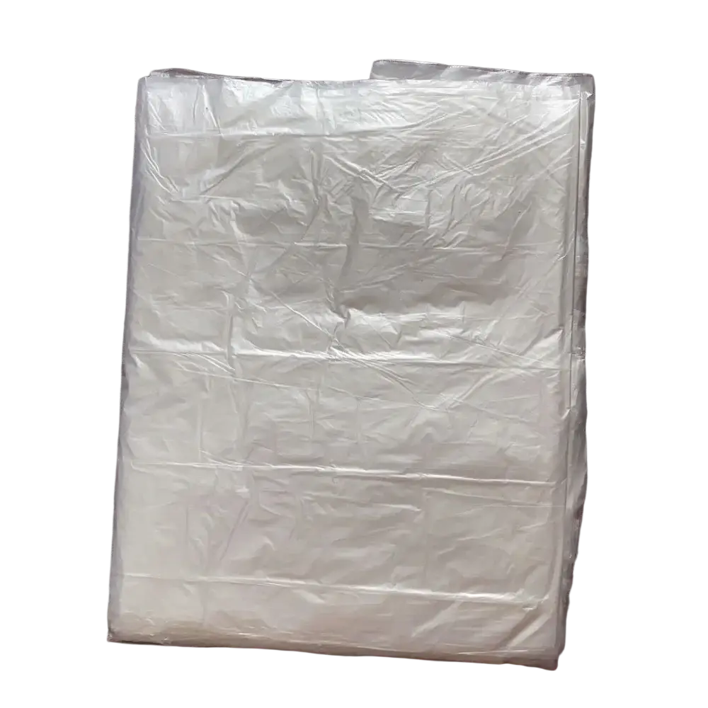 Clear transparent plastic furniture dust cover film with visible wrinkles and folds in clear plastic material