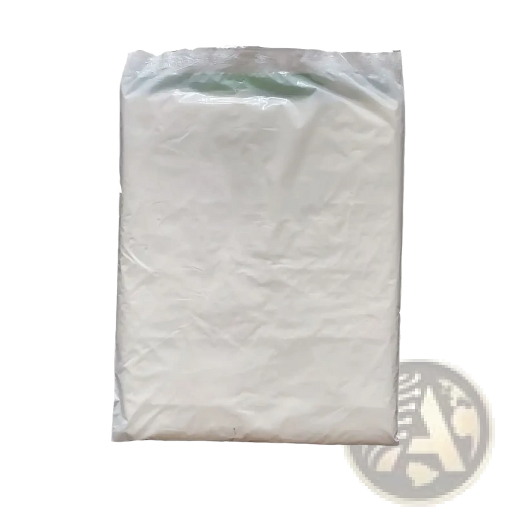 A clear plastic bag filled with white powder representing transparent plastic furniture dust cover protection film material