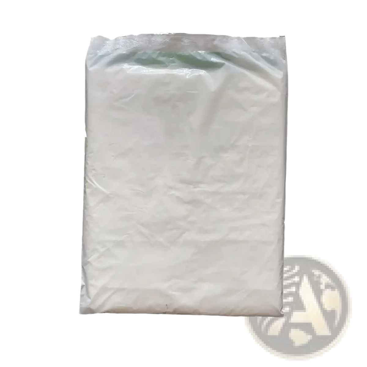 A clear plastic bag filled with white powder representing transparent plastic furniture dust cover protection film material