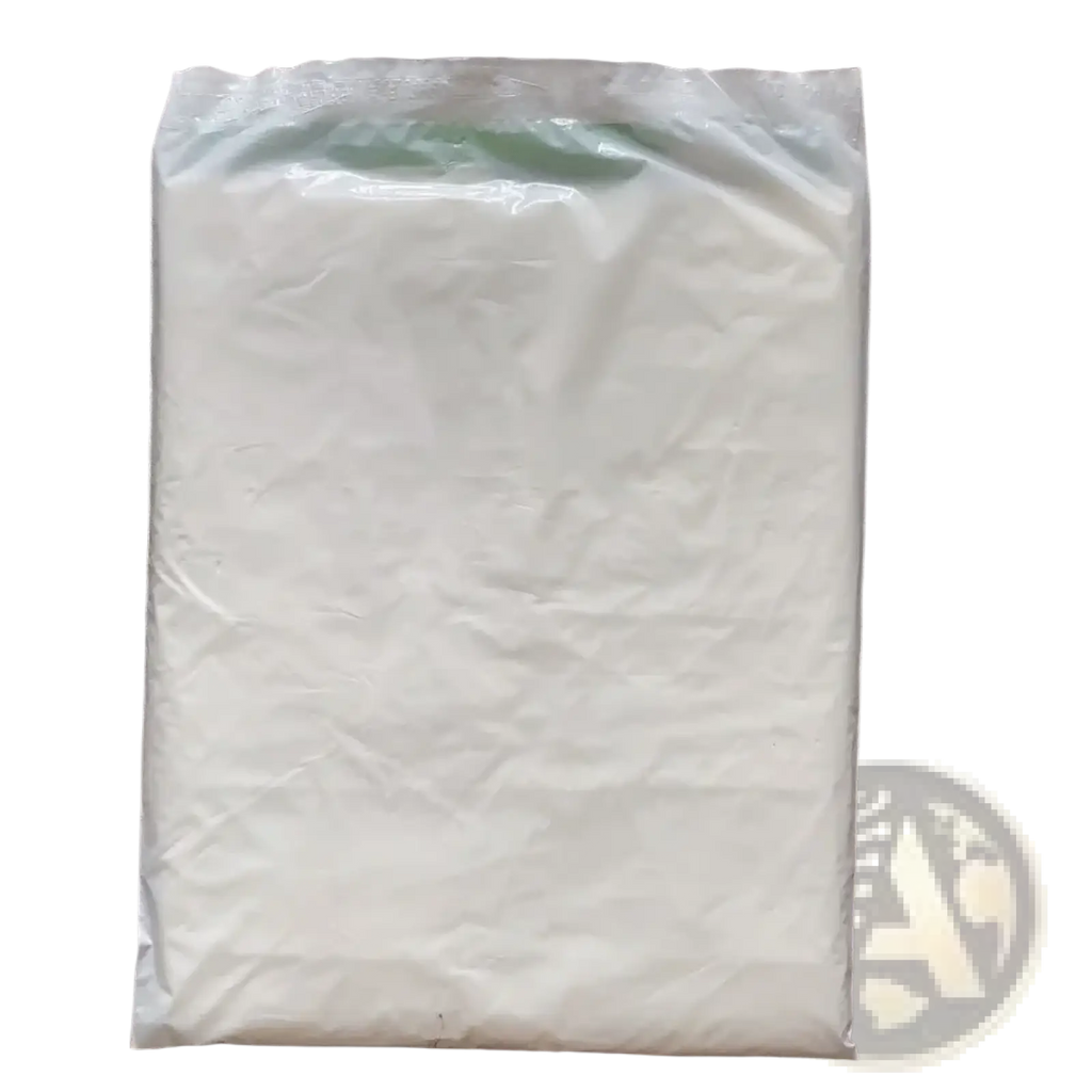 A translucent white plastic furniture dust cover with a crinkled surface and a faint green seal at the top