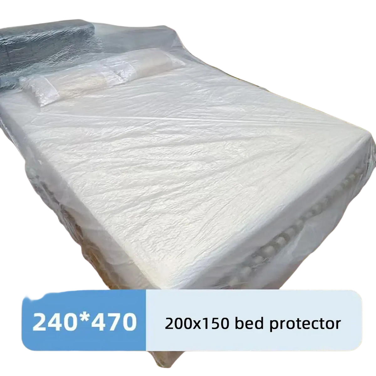 White plastic bed protector with textured surface and reinforced edges designed for mattresses up to 200x150 cm