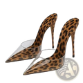 Transparent pointed toe high heel mules featuring leopard print mule heels with transparent plastic toe caps and stiletto heels