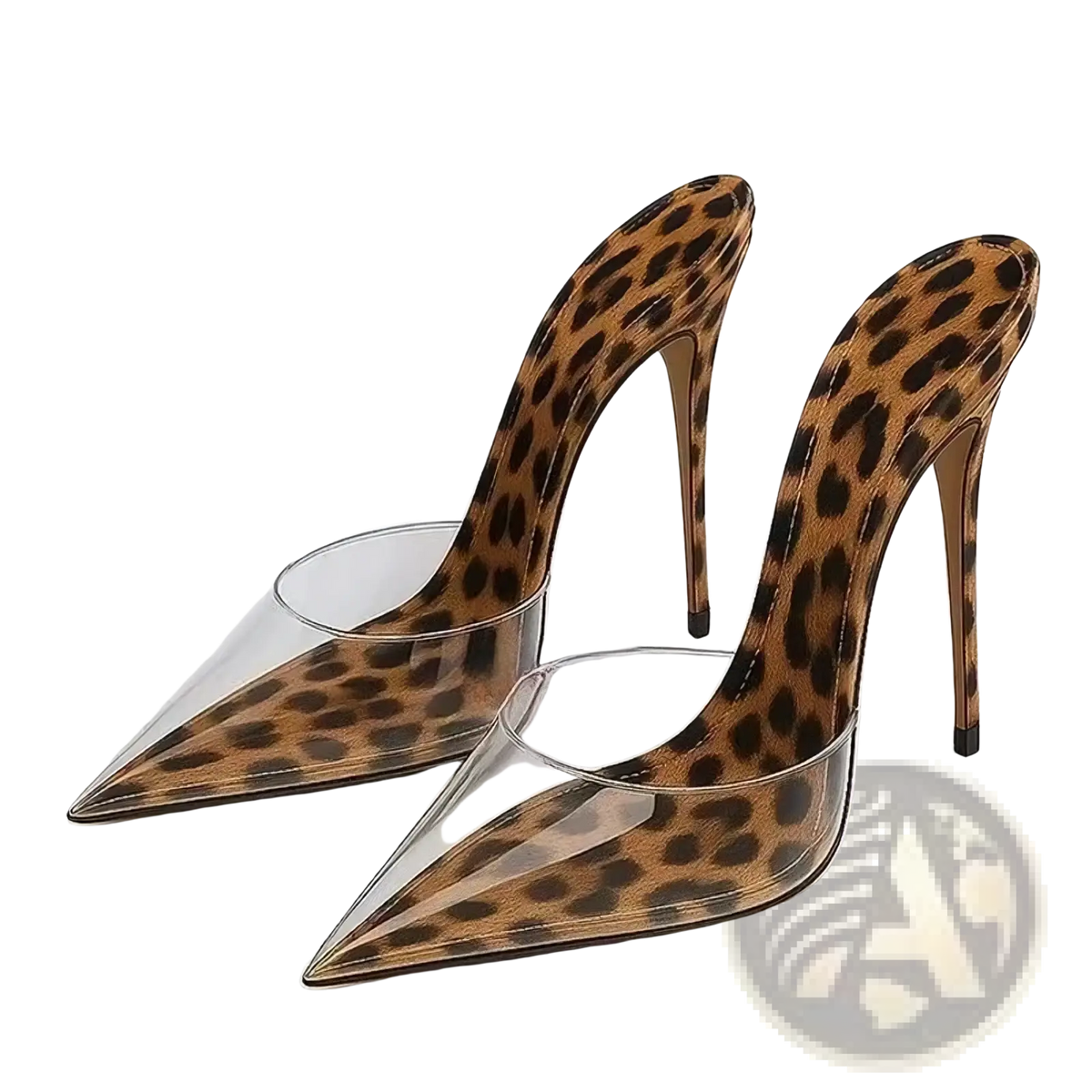 Transparent pointed toe high heel mules featuring leopard print mule heels with transparent plastic toe caps and stiletto heels