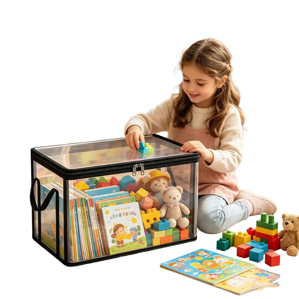 Transparent pvc stackable storage bins with black zipper and handles filled with colorful blocks and children items simplify organization