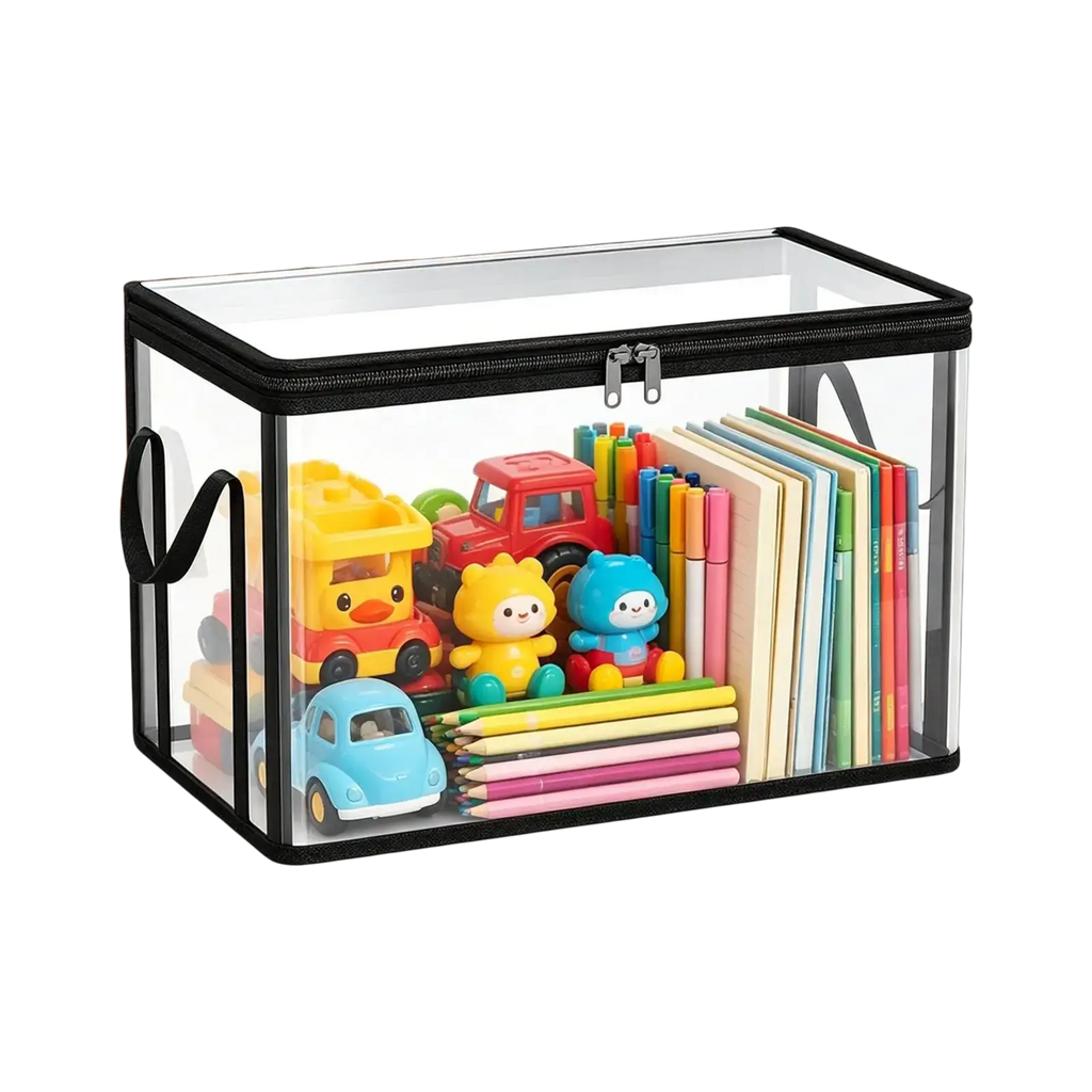 Transparent pvc clear plastic storage bins with black zipper and handles filled with colorful toys simplify organization