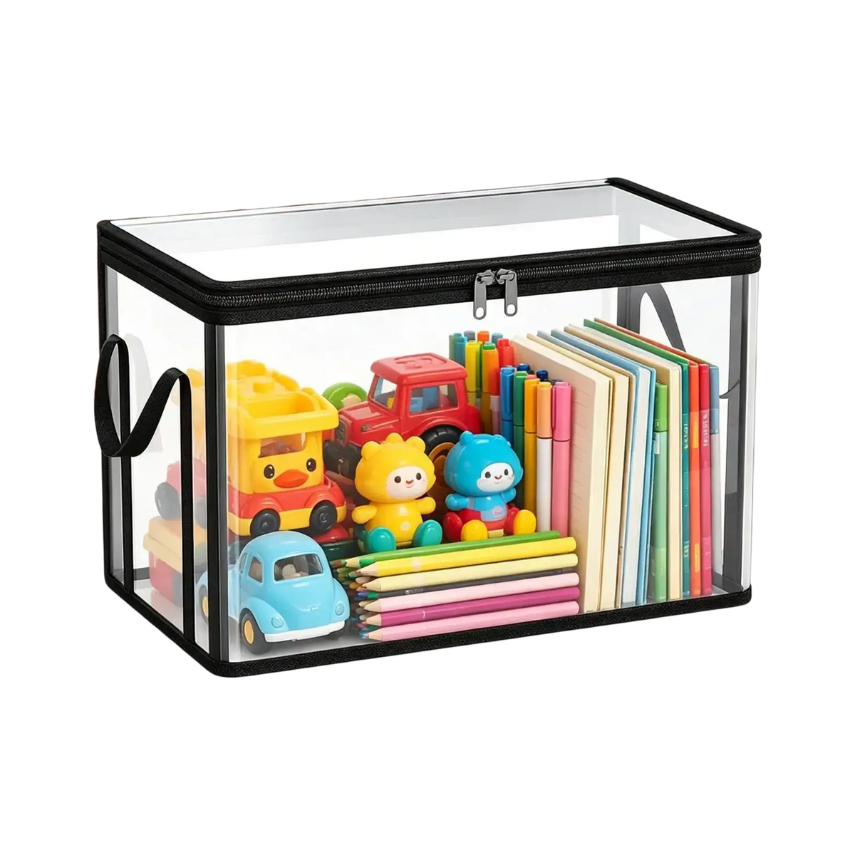 Transparent pvc clear plastic storage bins with black zipper and handles filled with colorful toys simplify organization