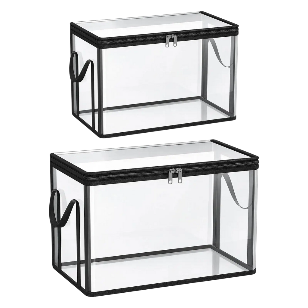 Transparent pvc stackable storage bins with clear rectangular design black zippers and handles simplify organization