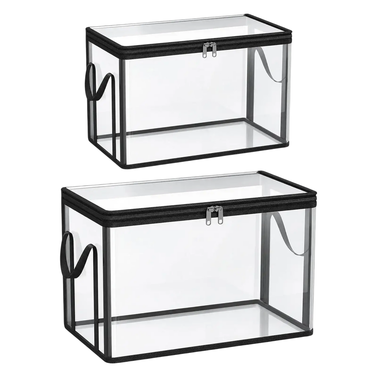 Transparent pvc stackable storage bins with clear rectangular design black zippers and handles simplify organization