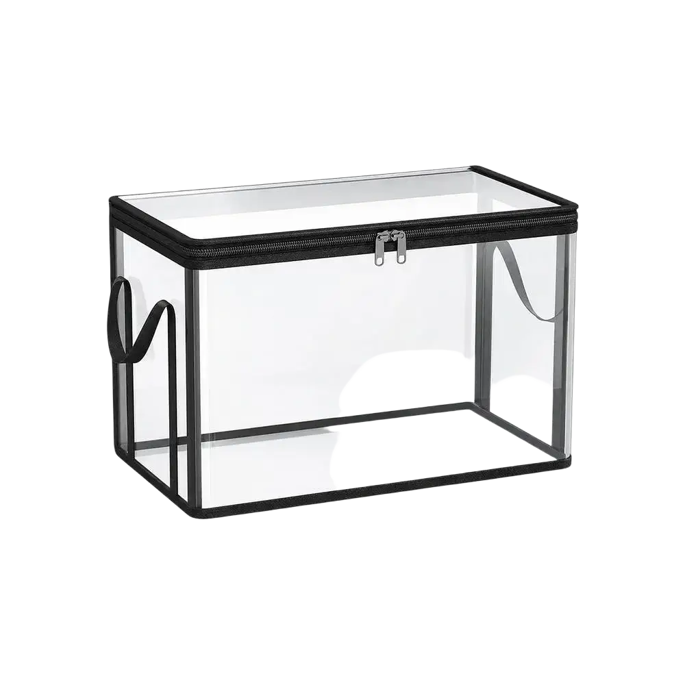 Clear rectangular transparent pvc stackable storage bins with black zipper and handles simplify organization and storage