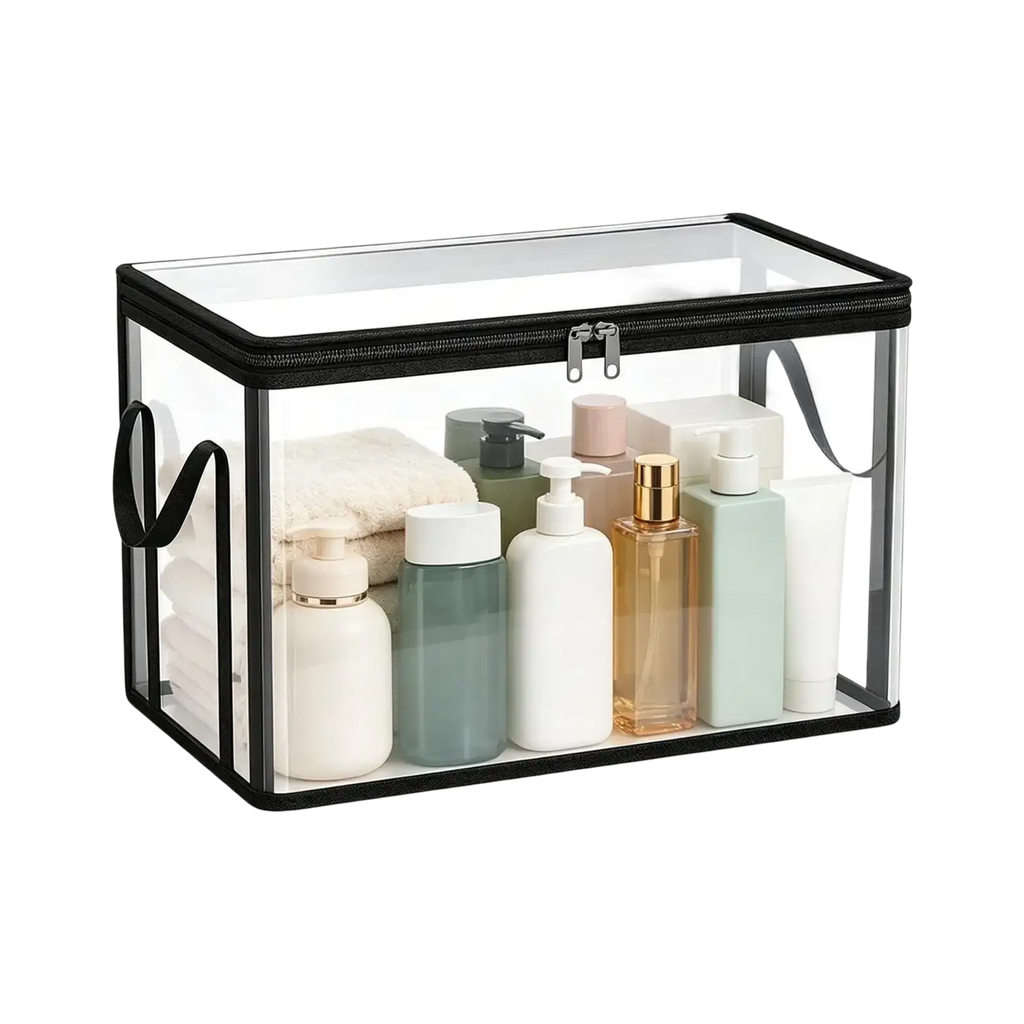 Clear rectangular transparent pvc travel toiletry bag with black trim and handles to simplify storage bins organization
