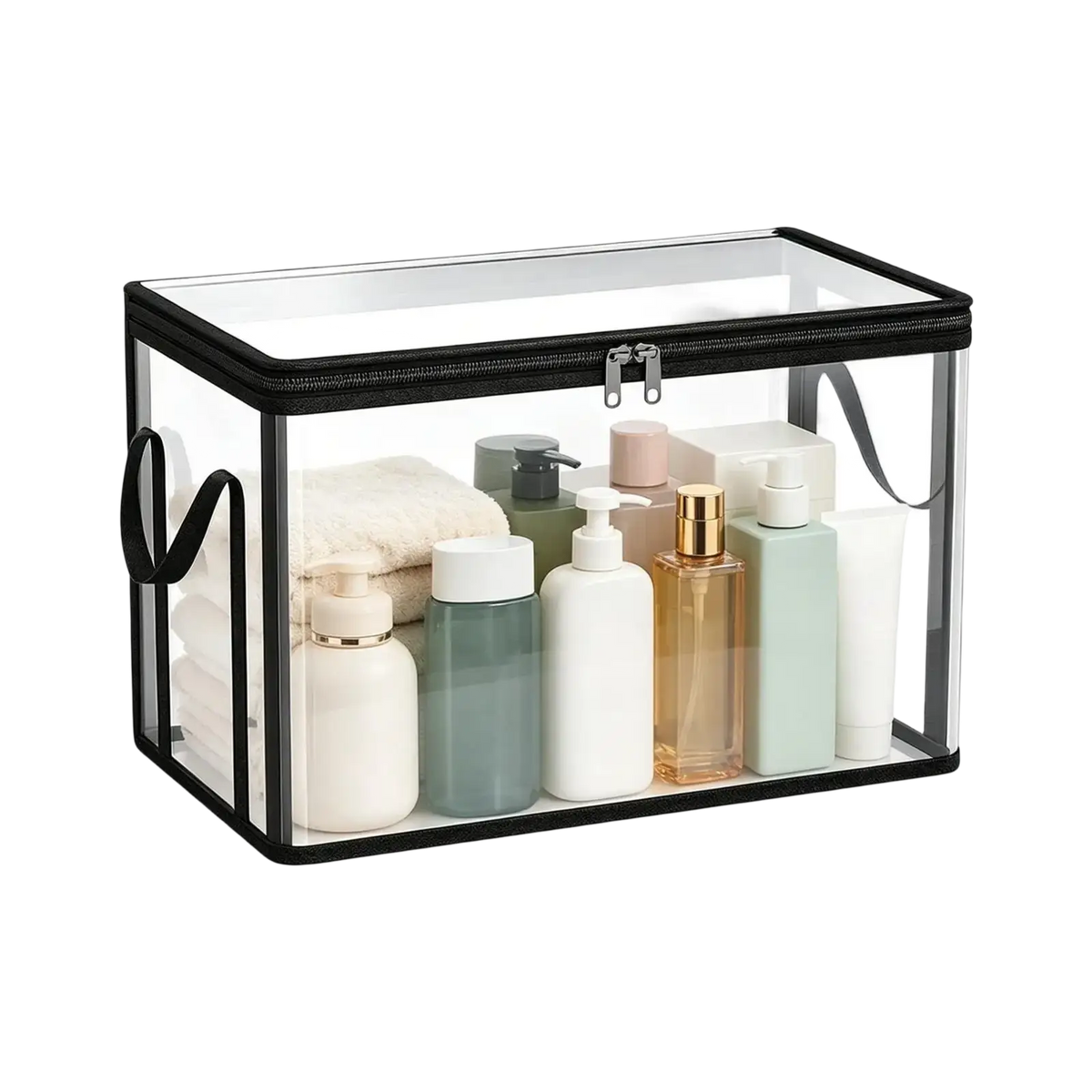 Clear rectangular transparent pvc travel toiletry bag with black trim and handles to simplify storage bins organization