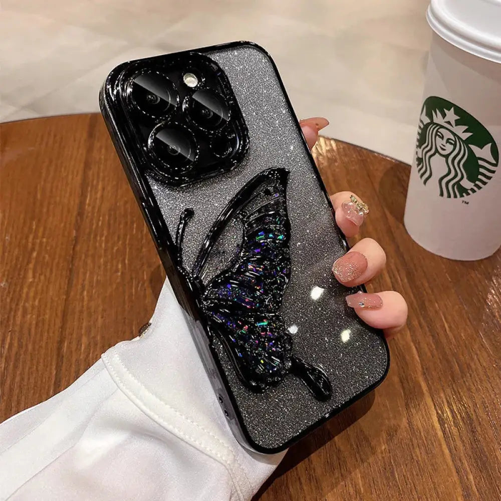 Black glitter shatterproof quicksand phone case back with 3d embellished iridescent butterfly crystal design
