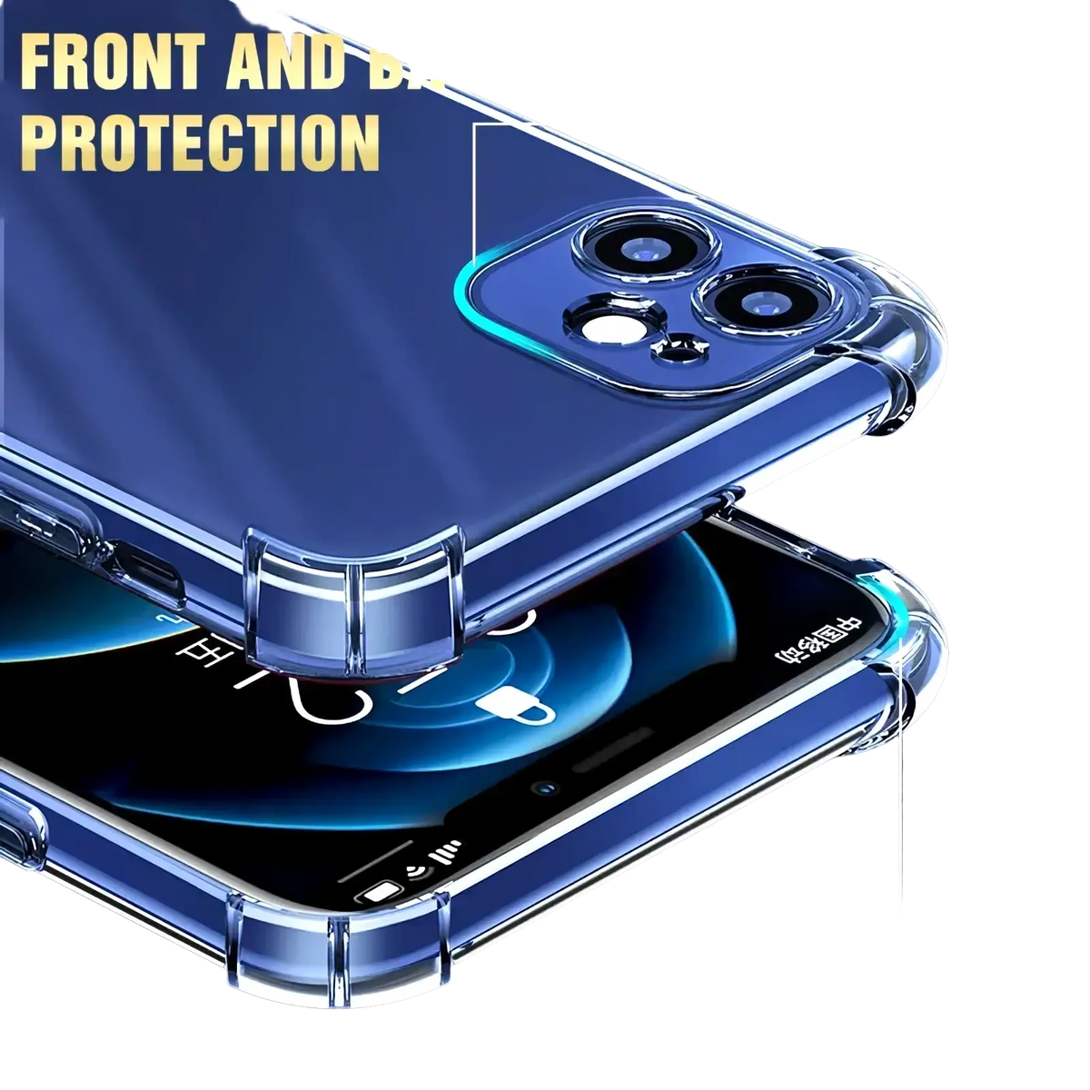 Transparent shockproof silicone iPhone case in blue showing back side with reinforced edges and camera cutout protection
