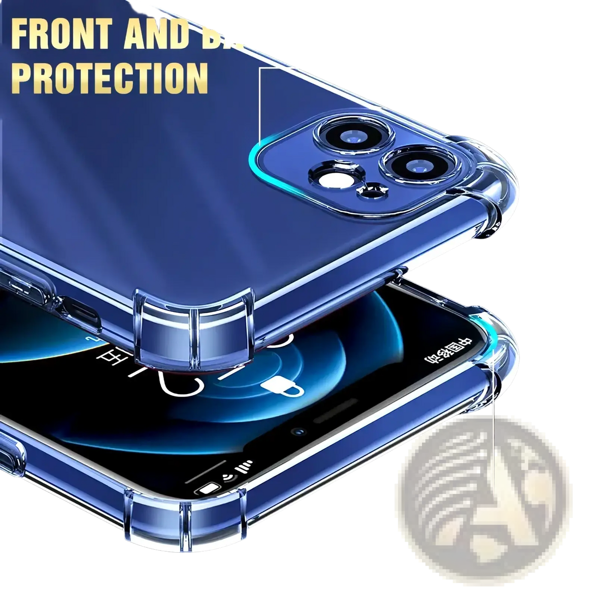 Transparent shockproof silicone iPhone case in blue showing back side with reinforced edges and camera cutout protection