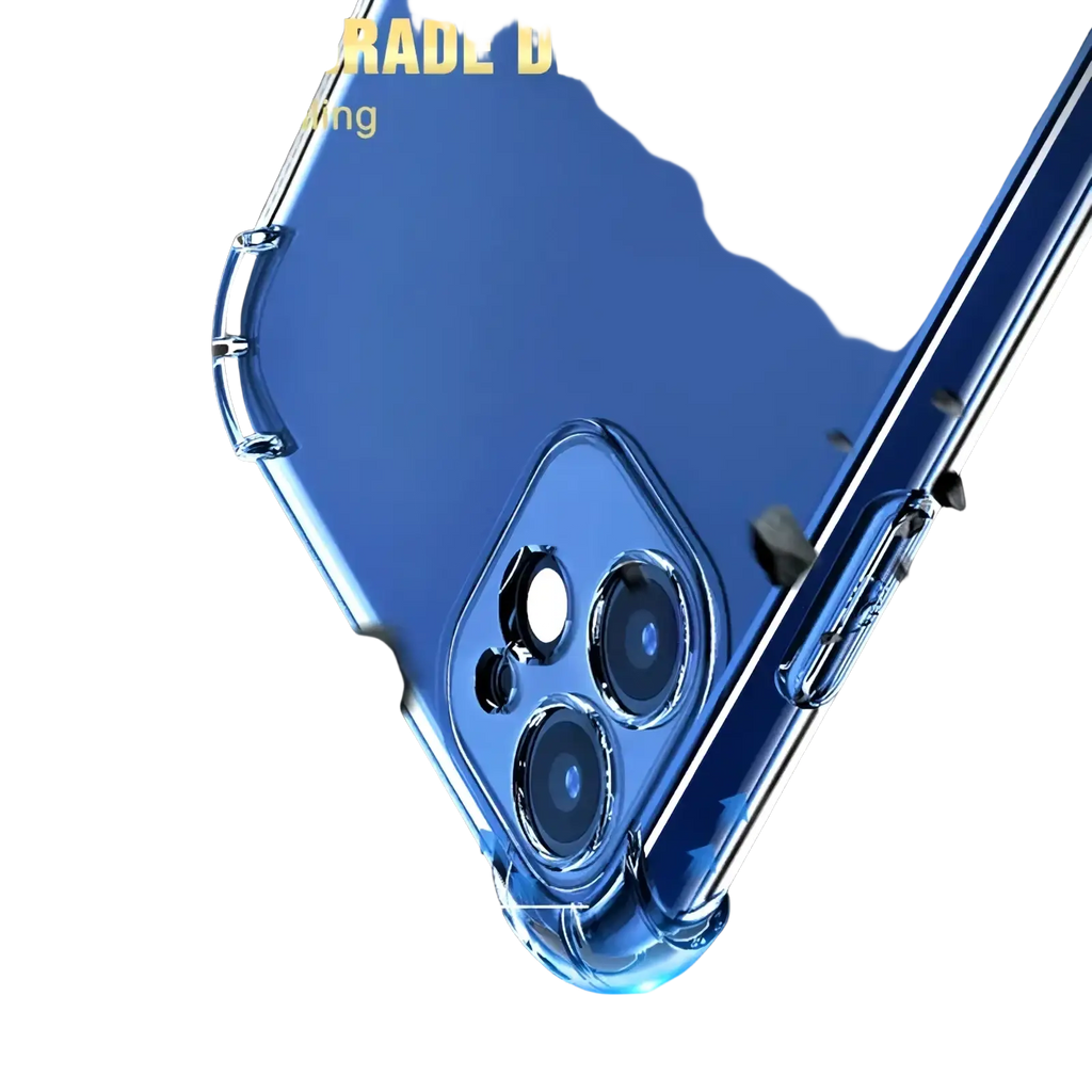 Transparent shockproof silicone iphone case in blue tpu with reinforced edges and camera cutout shown from the back side
