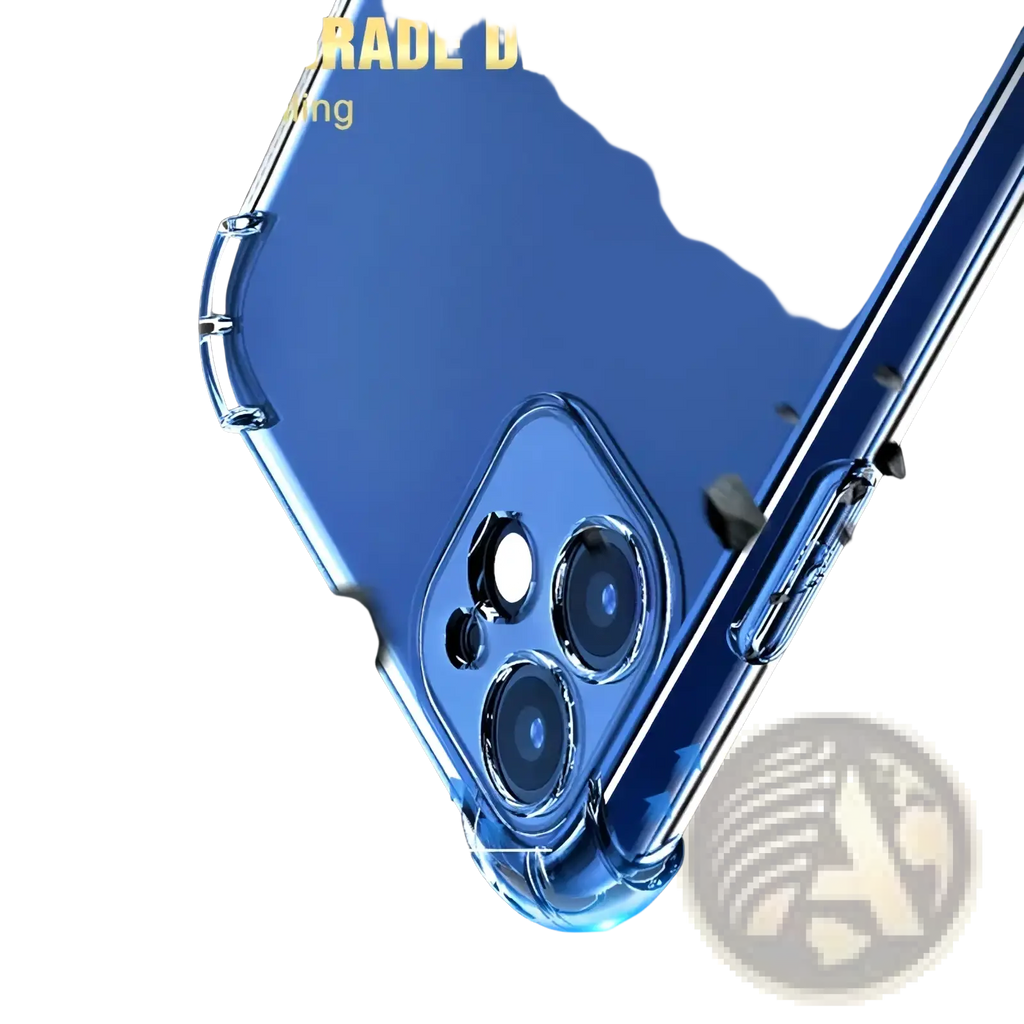 Transparent shockproof silicone iphone case in blue tpu with reinforced edges and camera cutout shown from the back side
