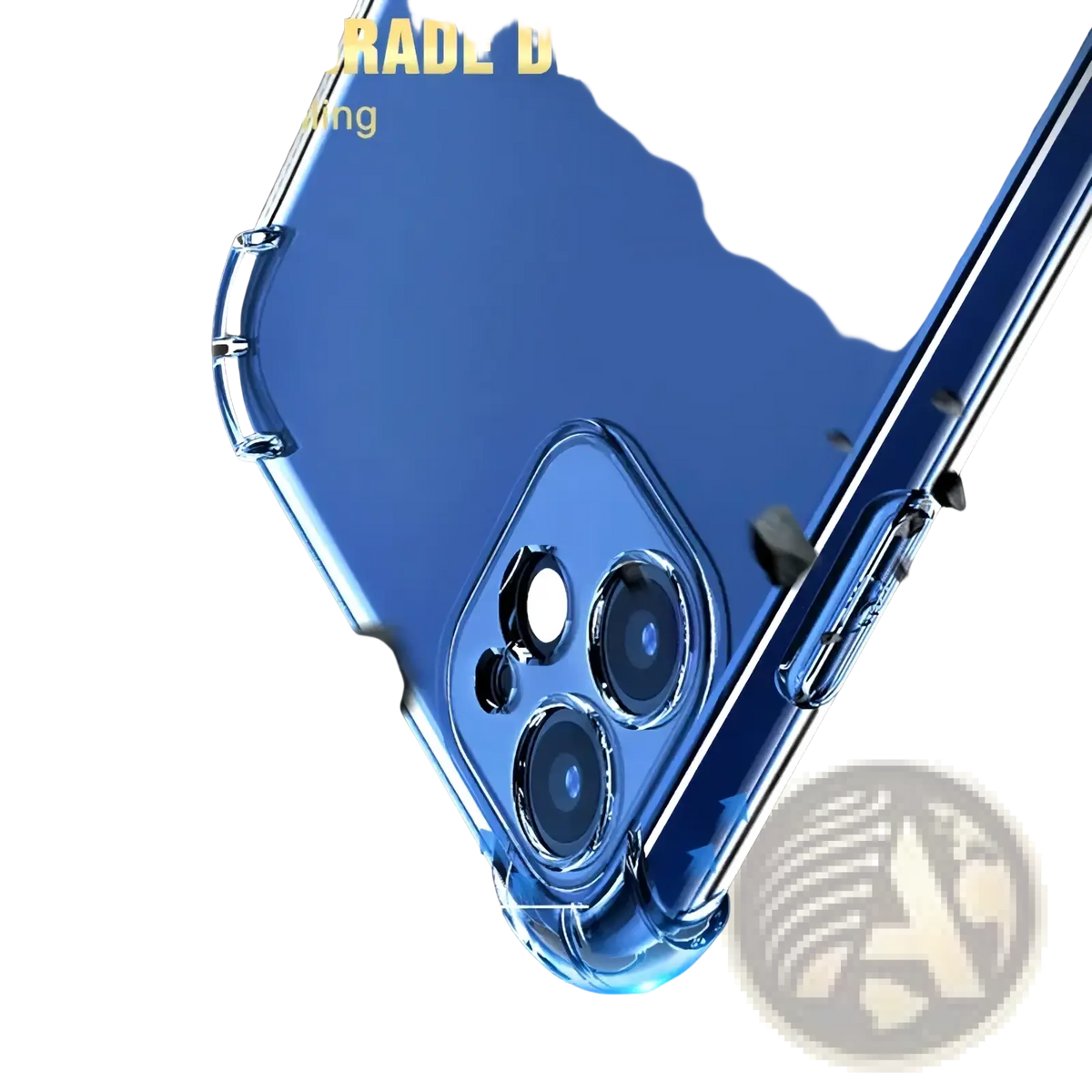 Transparent shockproof silicone iphone case in blue tpu with reinforced edges and camera cutout shown from the back side