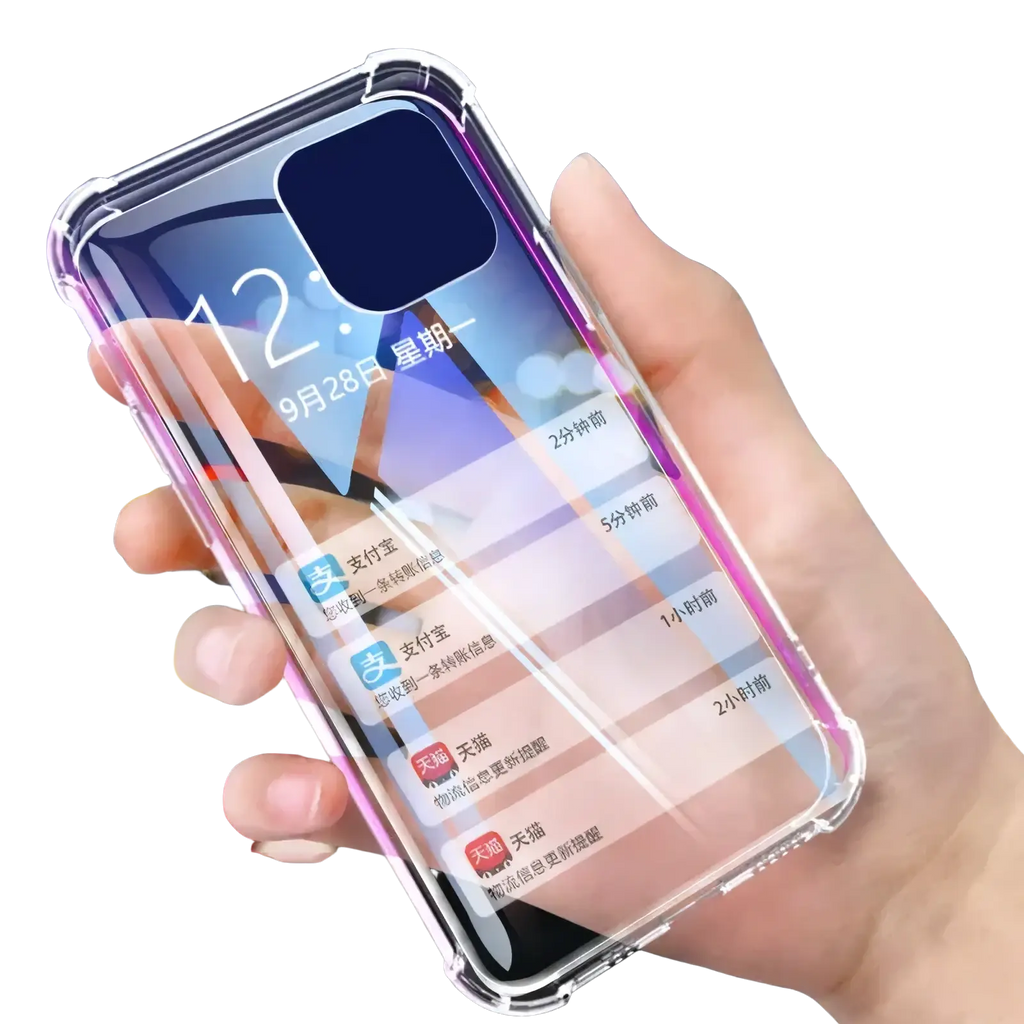 Clear transparent shockproof silicone iphone case with slightly raised edge and rounded corners shown from the back side