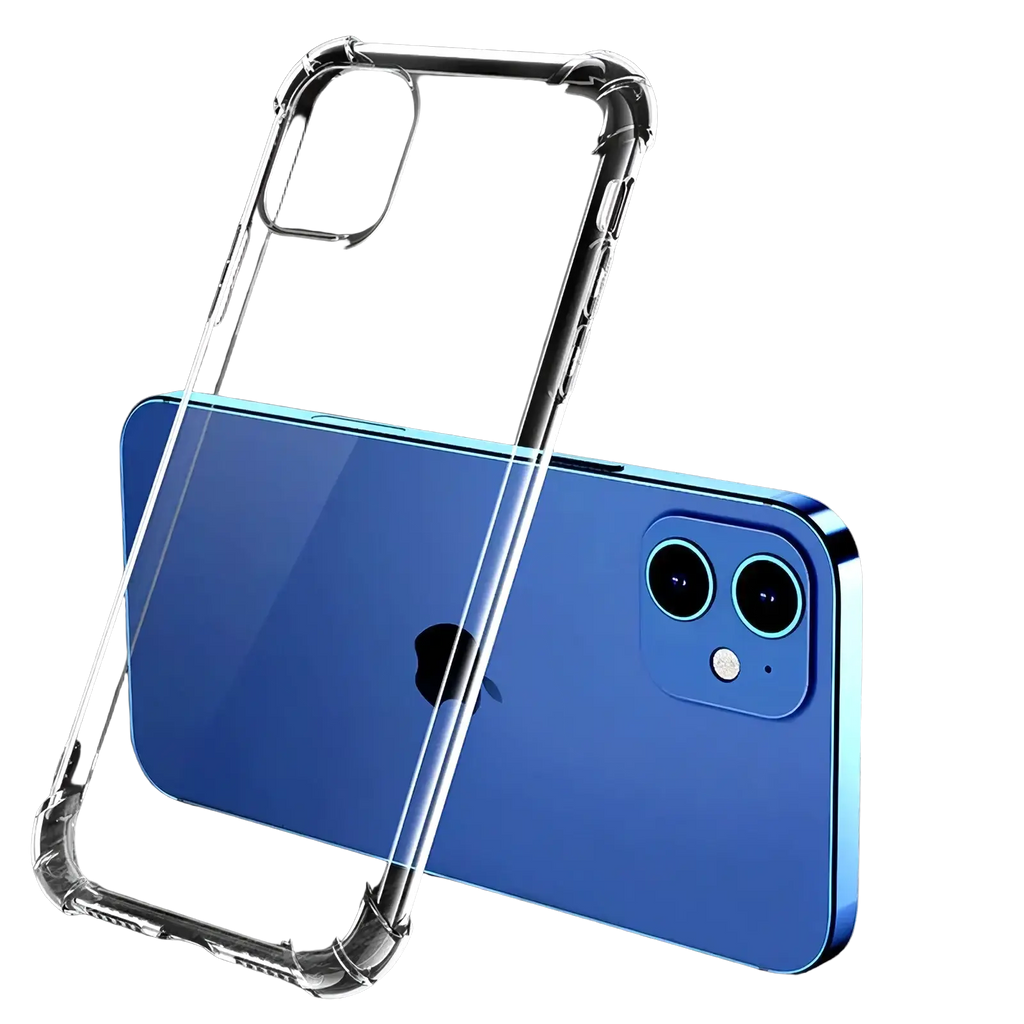 Transparent shockproof silicone iPhone case with clear material and reinforced corners shown from the back side