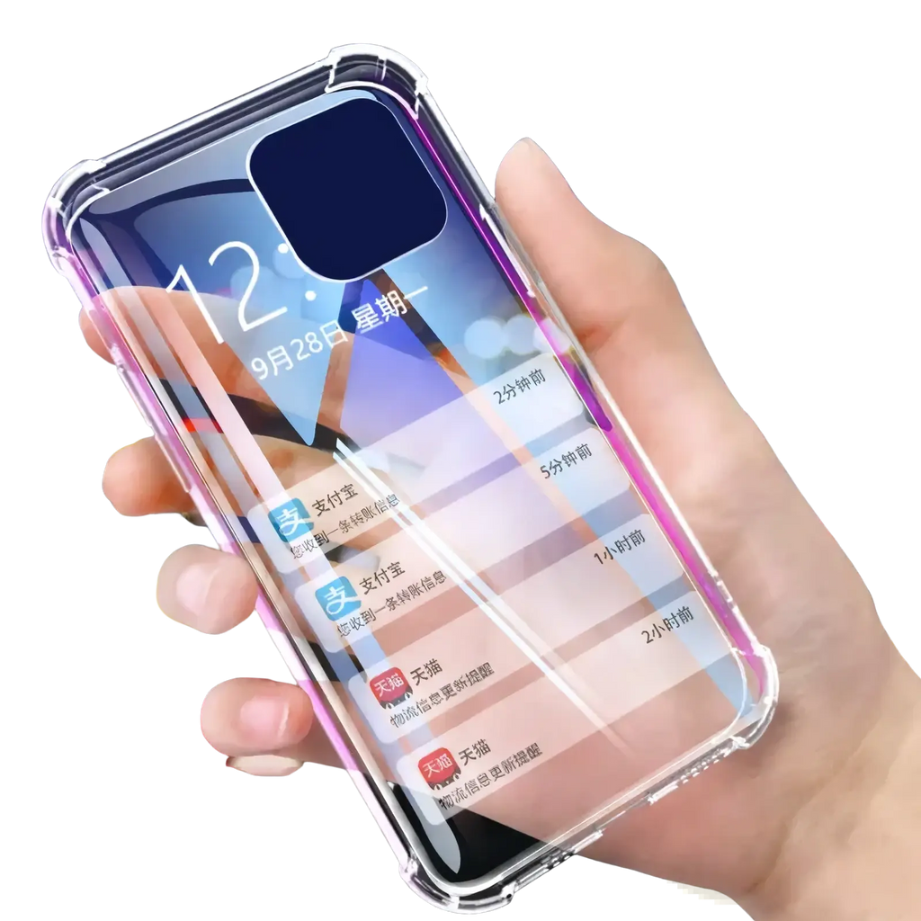 Clear transparent shockproof silicone iphone case with slightly raised edge and rounded corners shown from the back side