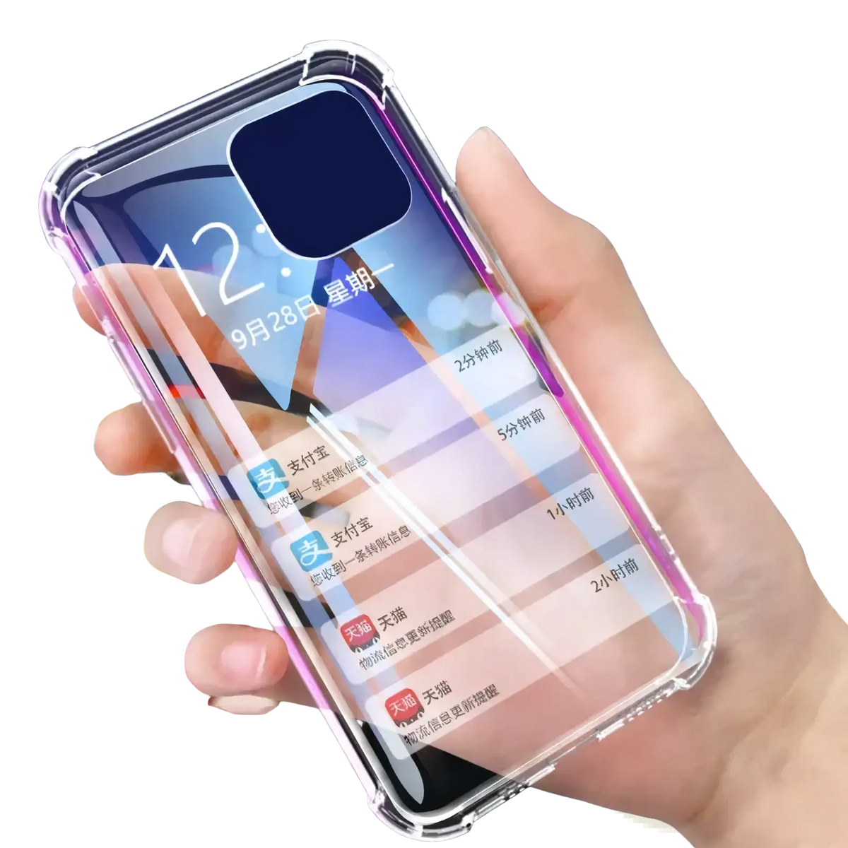 Clear transparent shockproof silicone iphone case with slightly raised edge and rounded corners shown from the back side