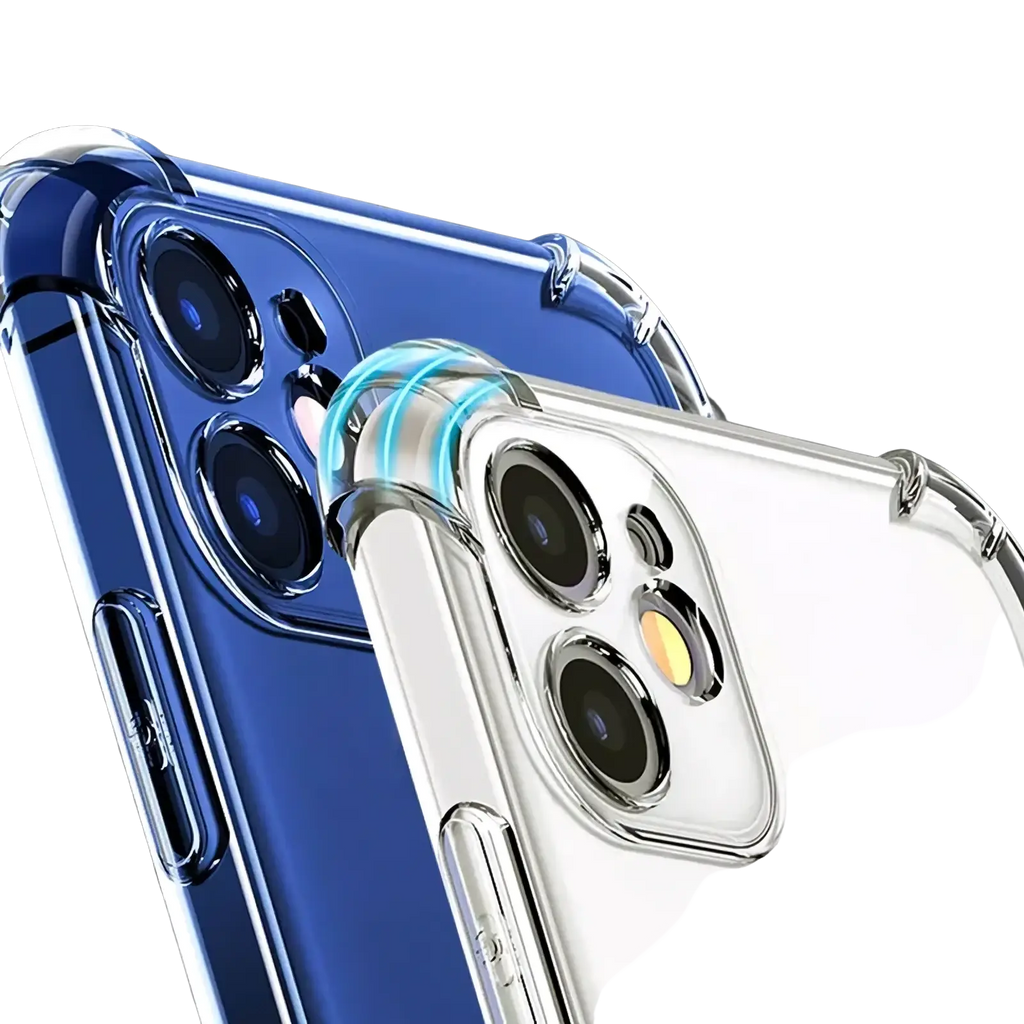 Transparent shockproof silicone iPhone case showing back side with blue and clear silicone accents