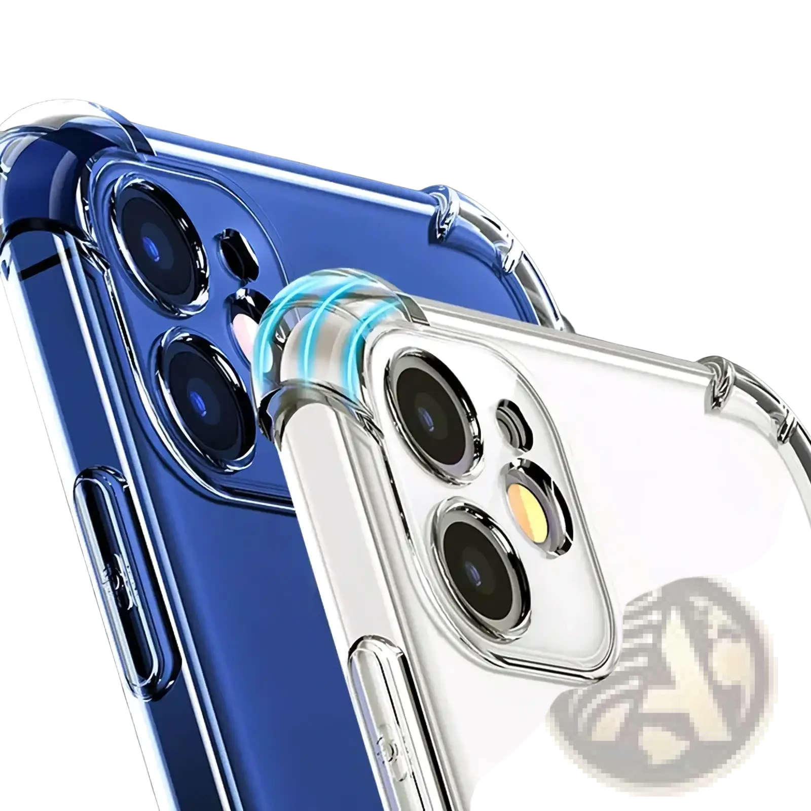 Transparent shockproof silicone iPhone case showing back side with blue and clear silicone accents
