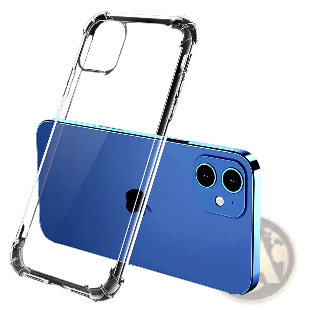 Transparent shockproof silicone iPhone case with clear material and reinforced corners shown from the back side