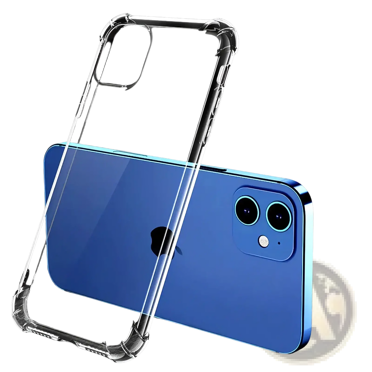 Transparent shockproof silicone iPhone case with clear material and reinforced corners shown from the back side