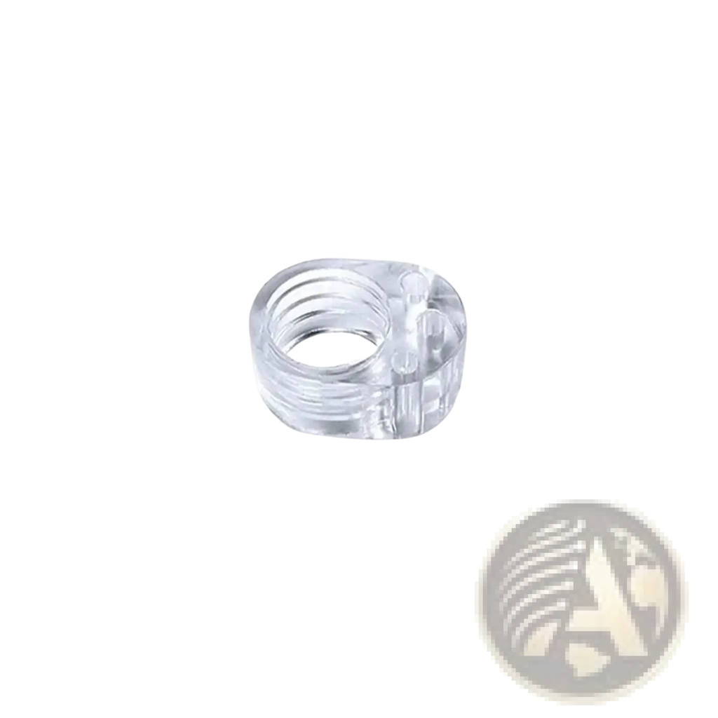 Transparent silicone door handle wall protector featuring a clear plastic ring with threaded interior and molded details