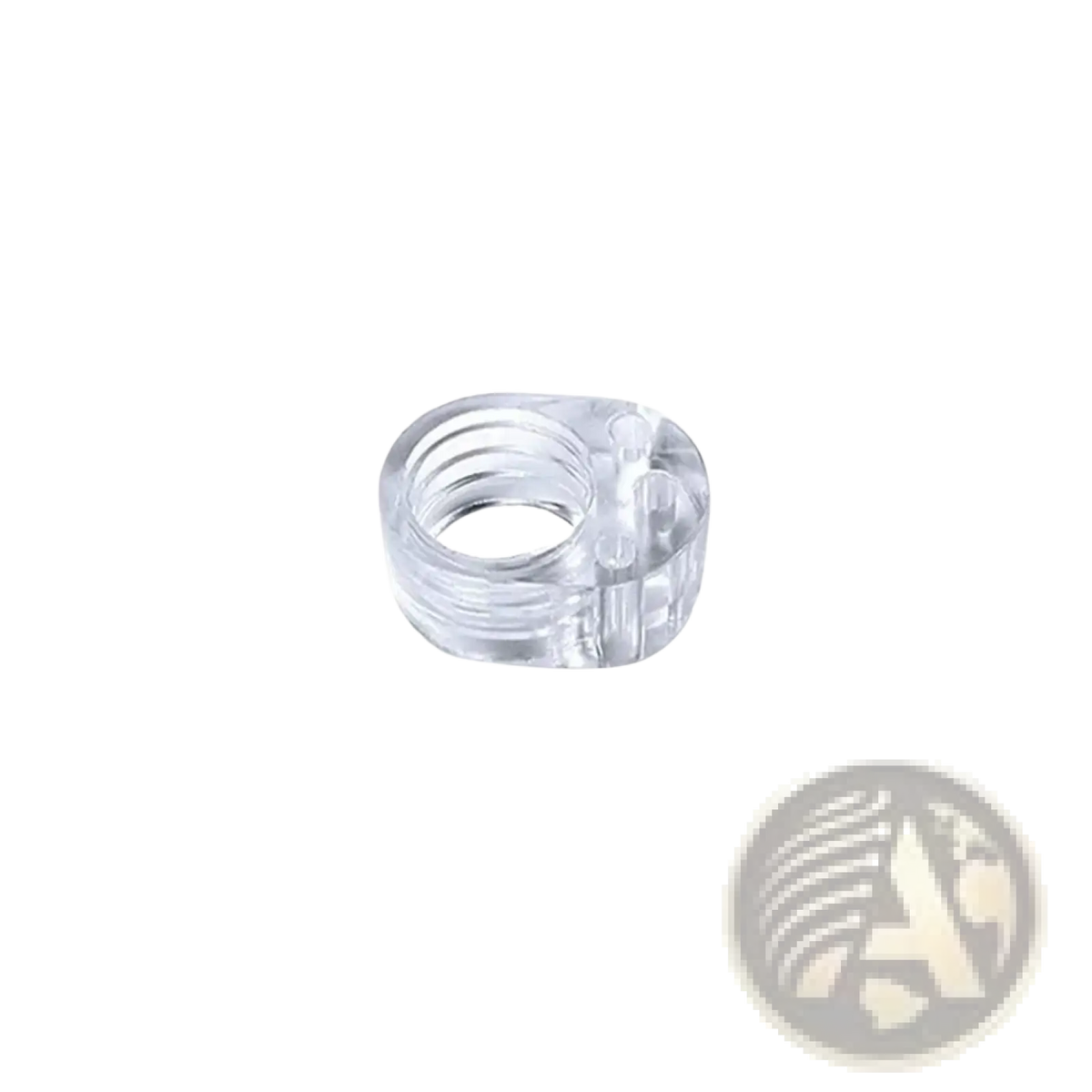 Transparent silicone door handle wall protector featuring a clear plastic ring with threaded interior and molded details