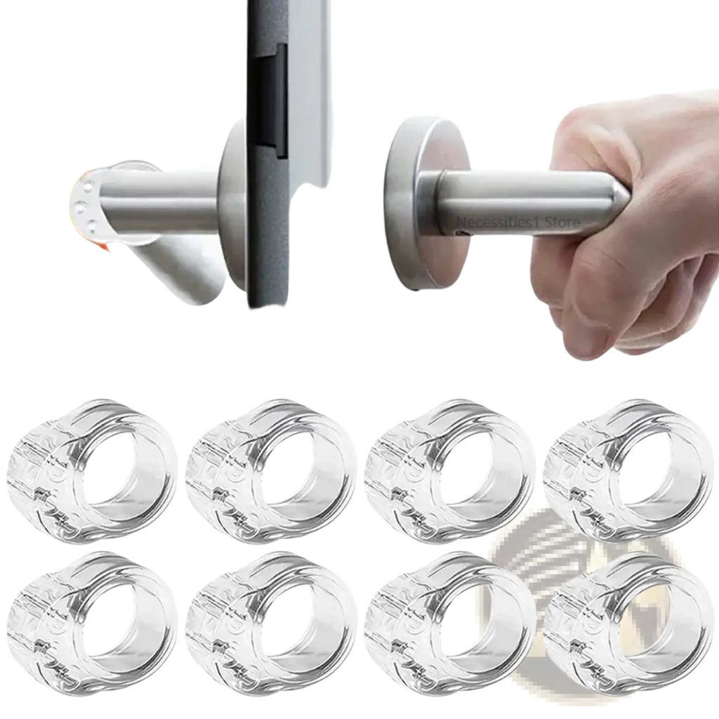 Transparent silicone door handle wall protector in clear material designed to prevent damage from accidental impacts