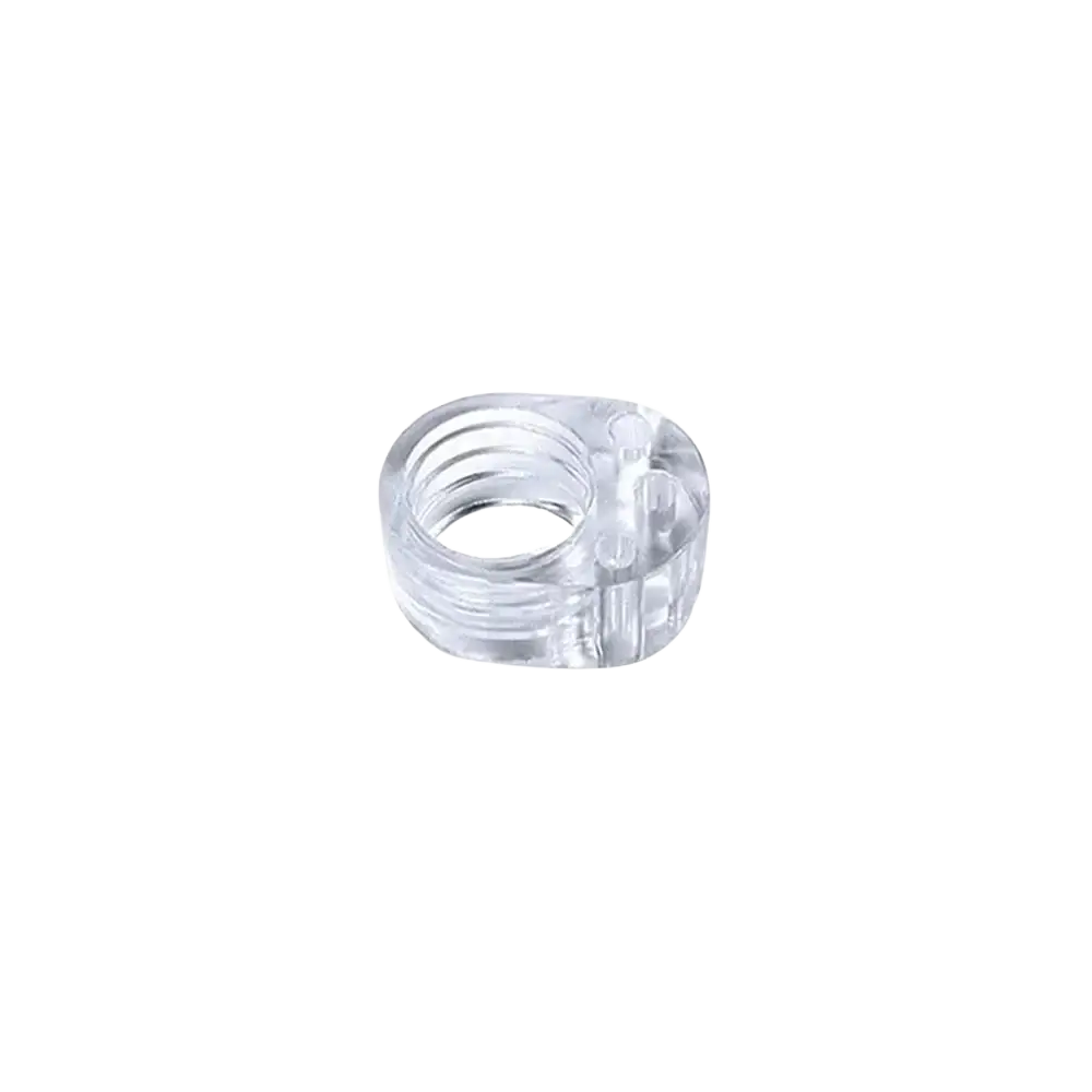 Transparent silicone door handle wall protector featuring a clear plastic ring with threaded interior and molded details