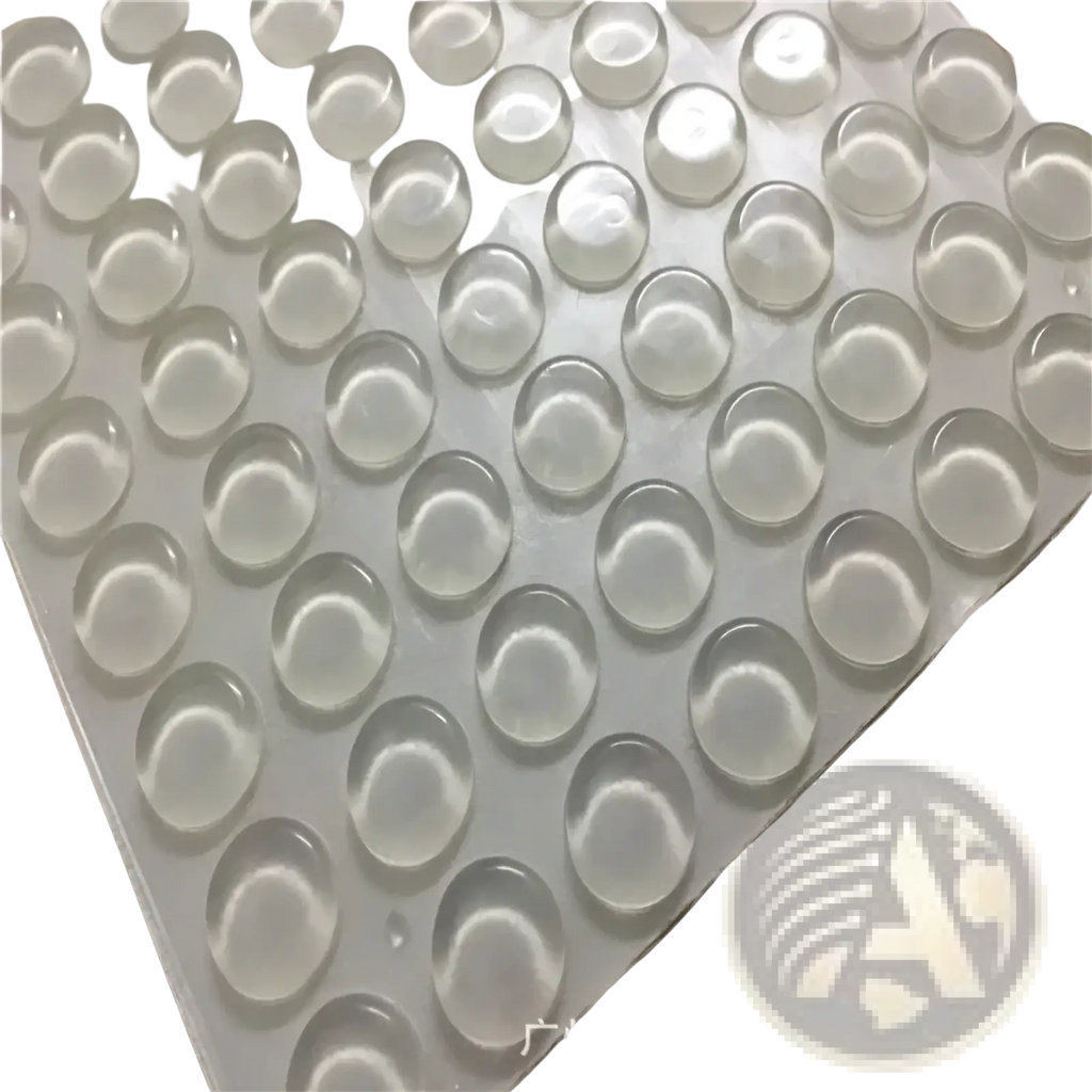 Transparent silicone furniture bumpers and pads showing clear translucent silicone feet pads arranged in a grid on white backing