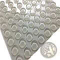 Transparent silicone furniture bumpers and pads showing clear translucent silicone feet pads arranged in a grid on white backing