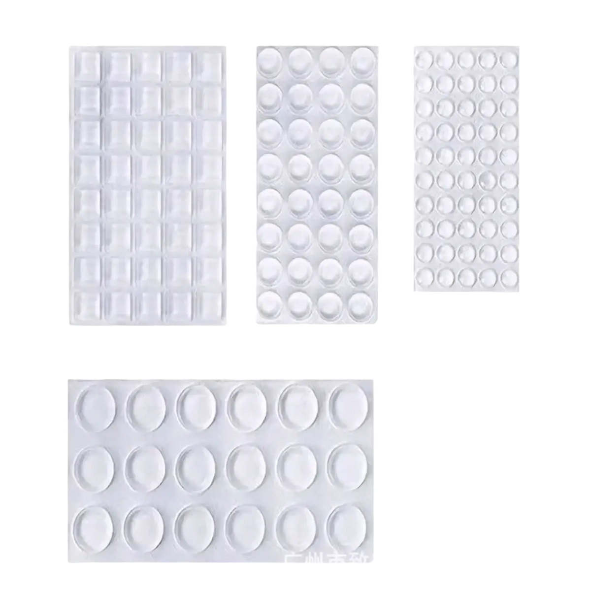 Transparent silicone furniture bumpers and pads in clear, flexible silicone with various shapes and sizes for surface protection