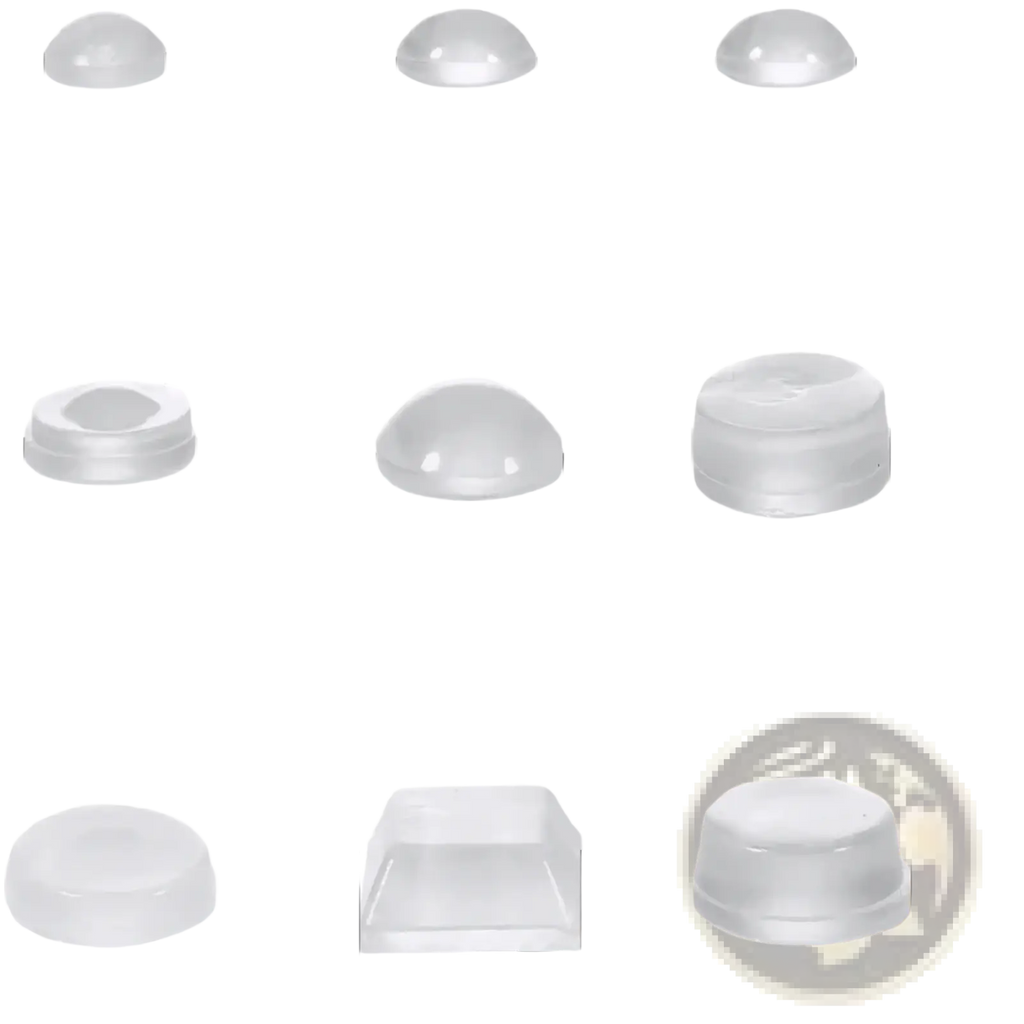 Transparent silicone furniture bumpers and pads with clear dome-shaped caps in various sizes from 6mm to 12.7mm diameter