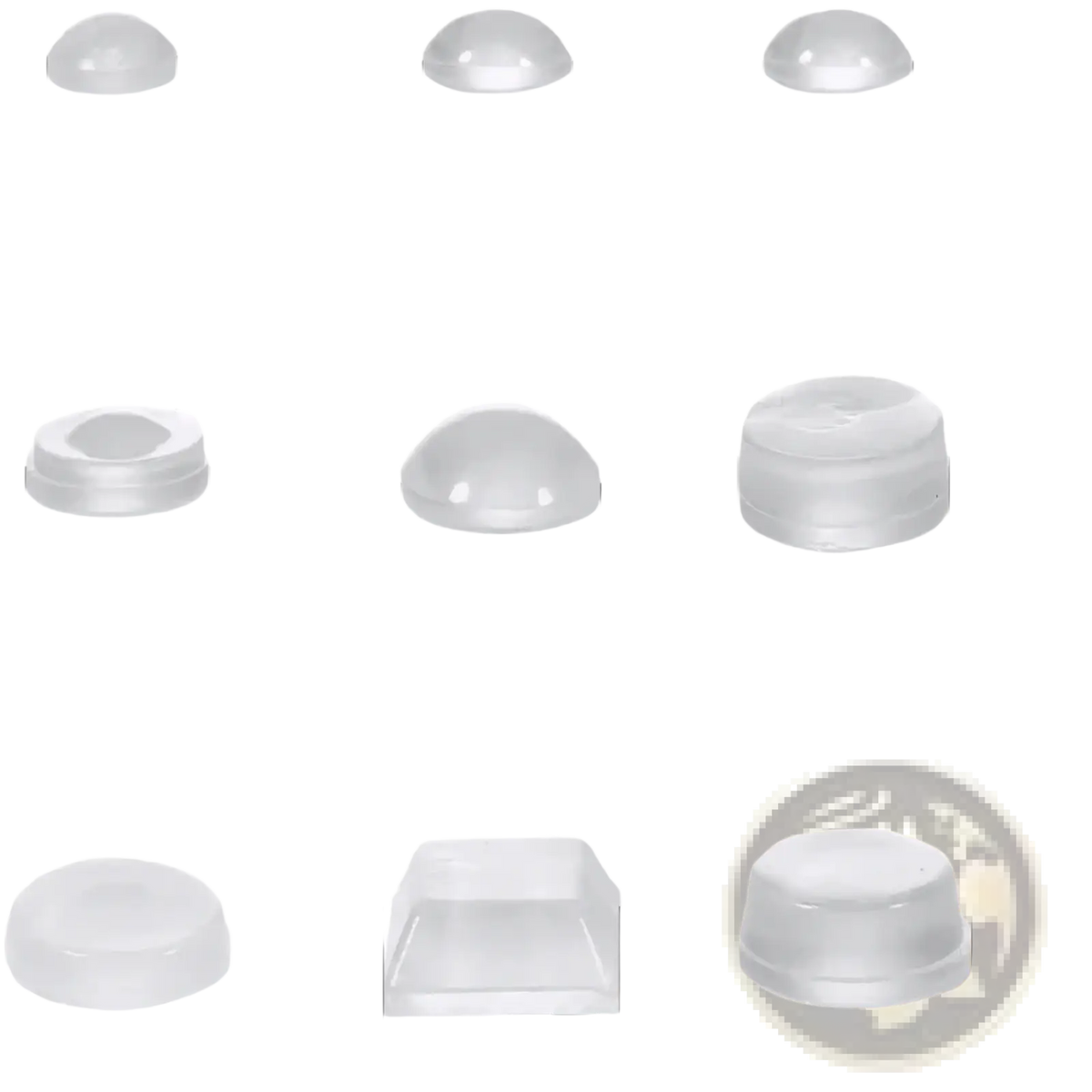 Transparent silicone furniture bumpers and pads with clear dome-shaped caps in various sizes from 6mm to 12.7mm diameter