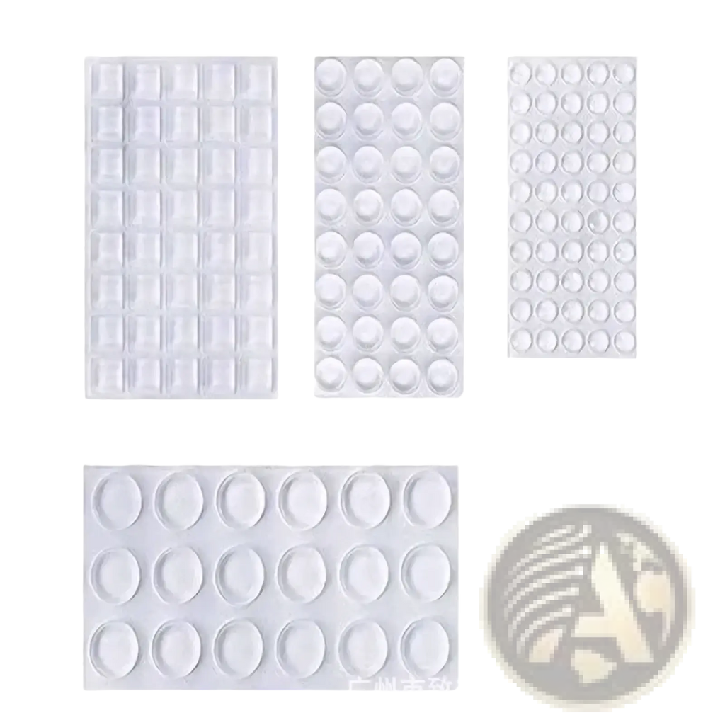 Transparent silicone furniture bumpers and pads in clear, flexible silicone with various shapes and sizes for surface protection