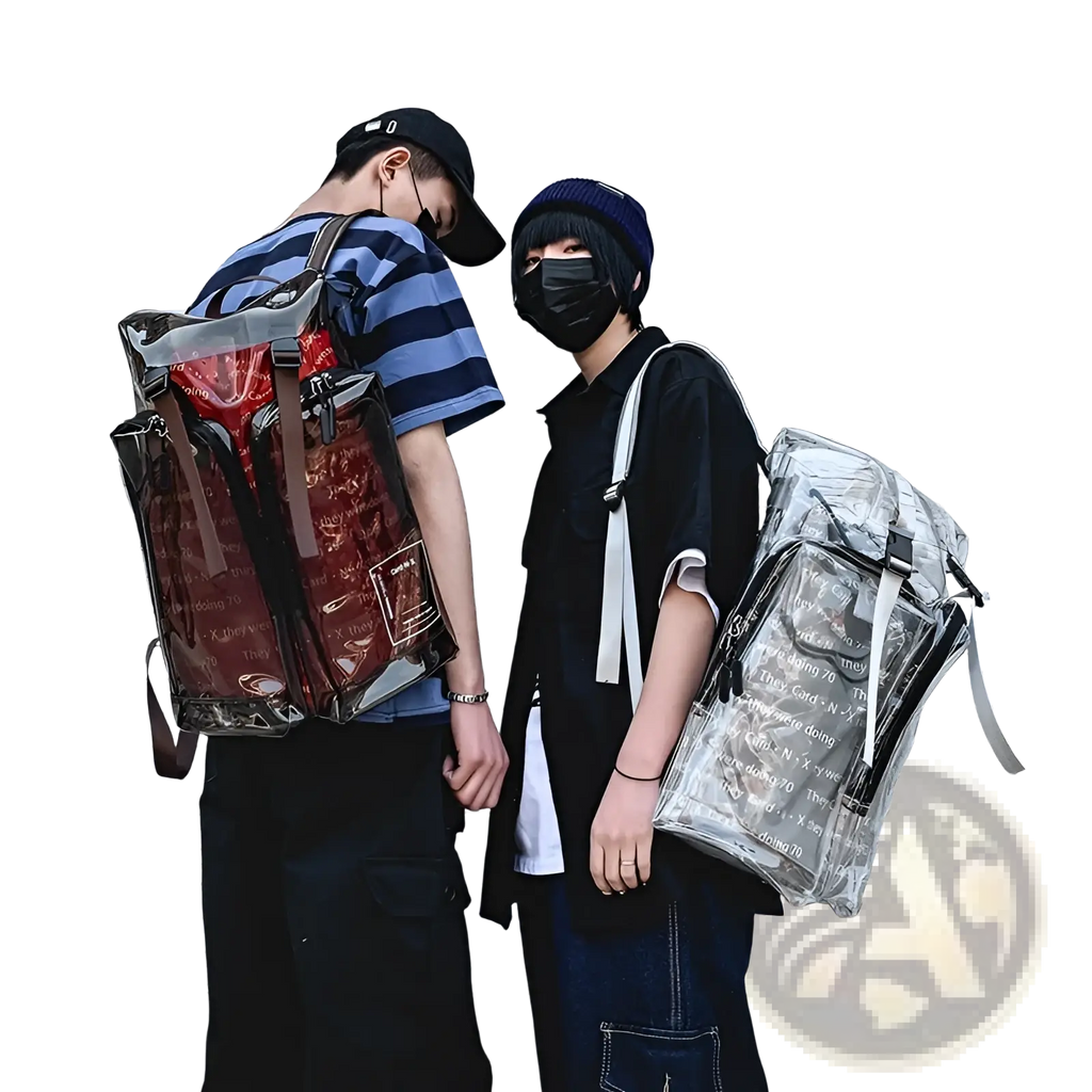 Transparent vinyl text print schoolbag backpack with brown straps made of clear vinyl material for everyday use