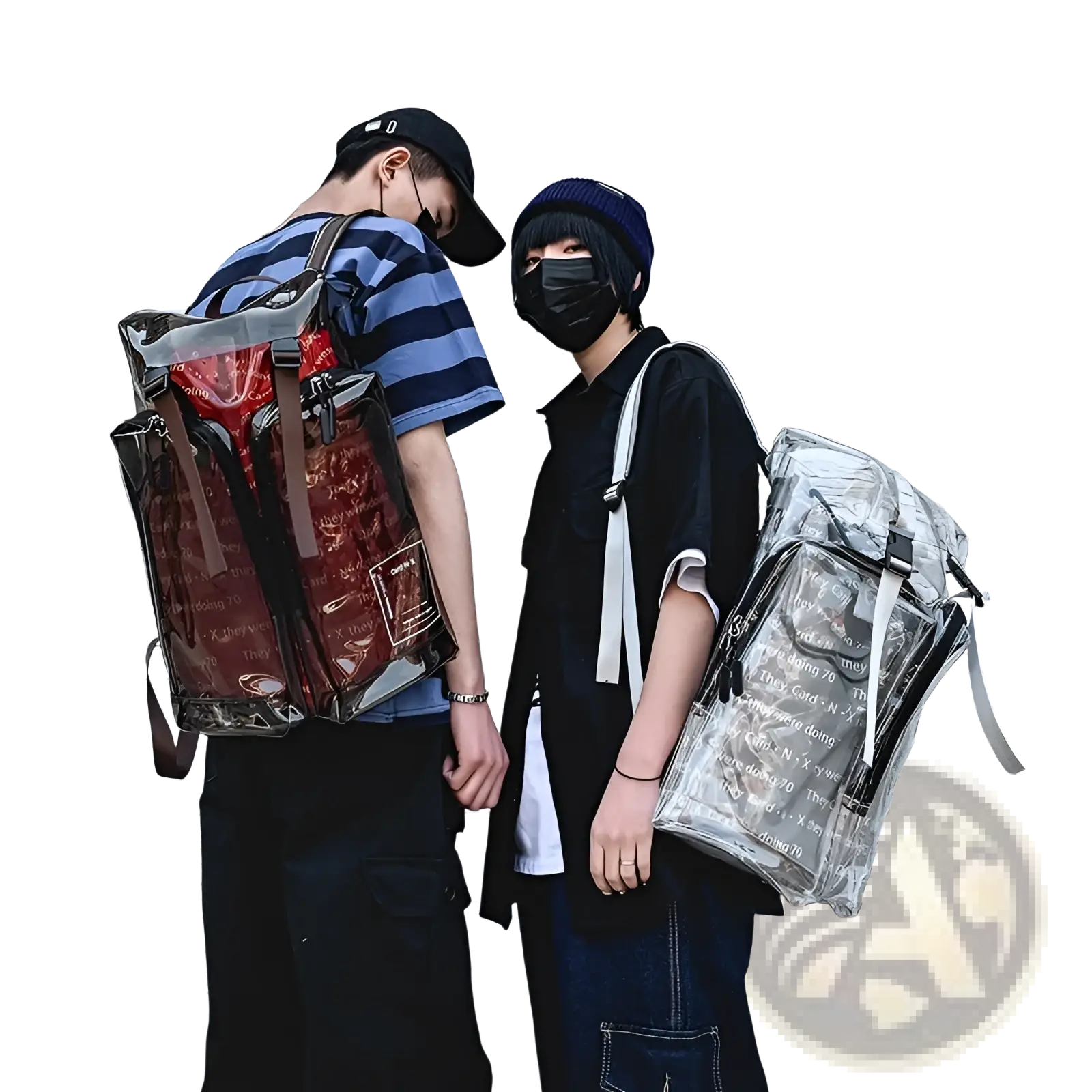 Transparent vinyl text print schoolbag backpack with brown straps made of clear vinyl material for everyday use