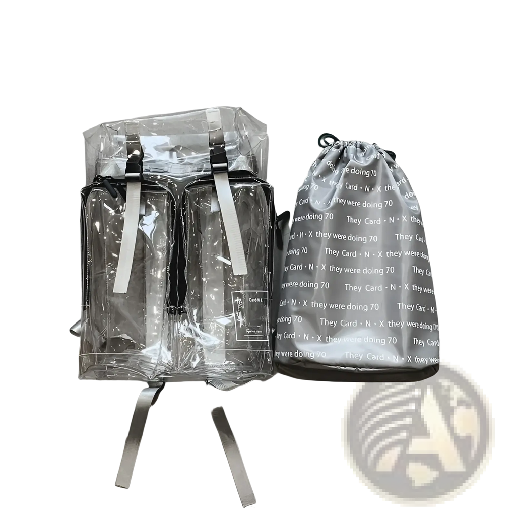 Transparent vinyl text print schoolbag backpack with black zippers and silver straps shown from the back side