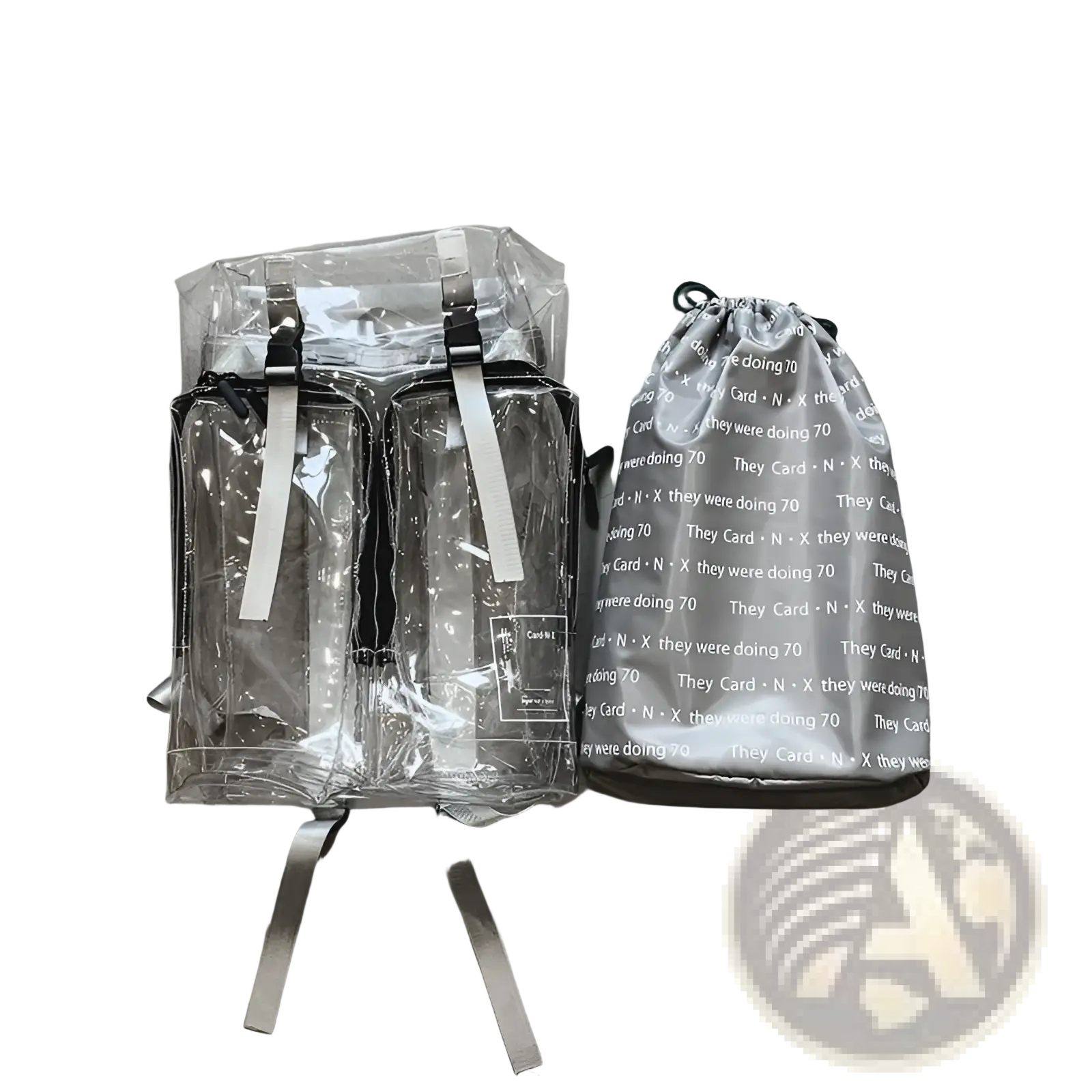 Transparent vinyl text print schoolbag backpack with black zippers and silver straps shown from the back side