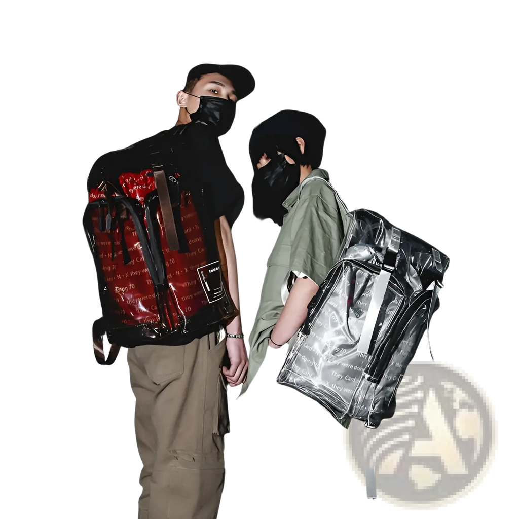 Transparent vinyl red and black schoolbag backpack with repeating text print and transparent material visible
