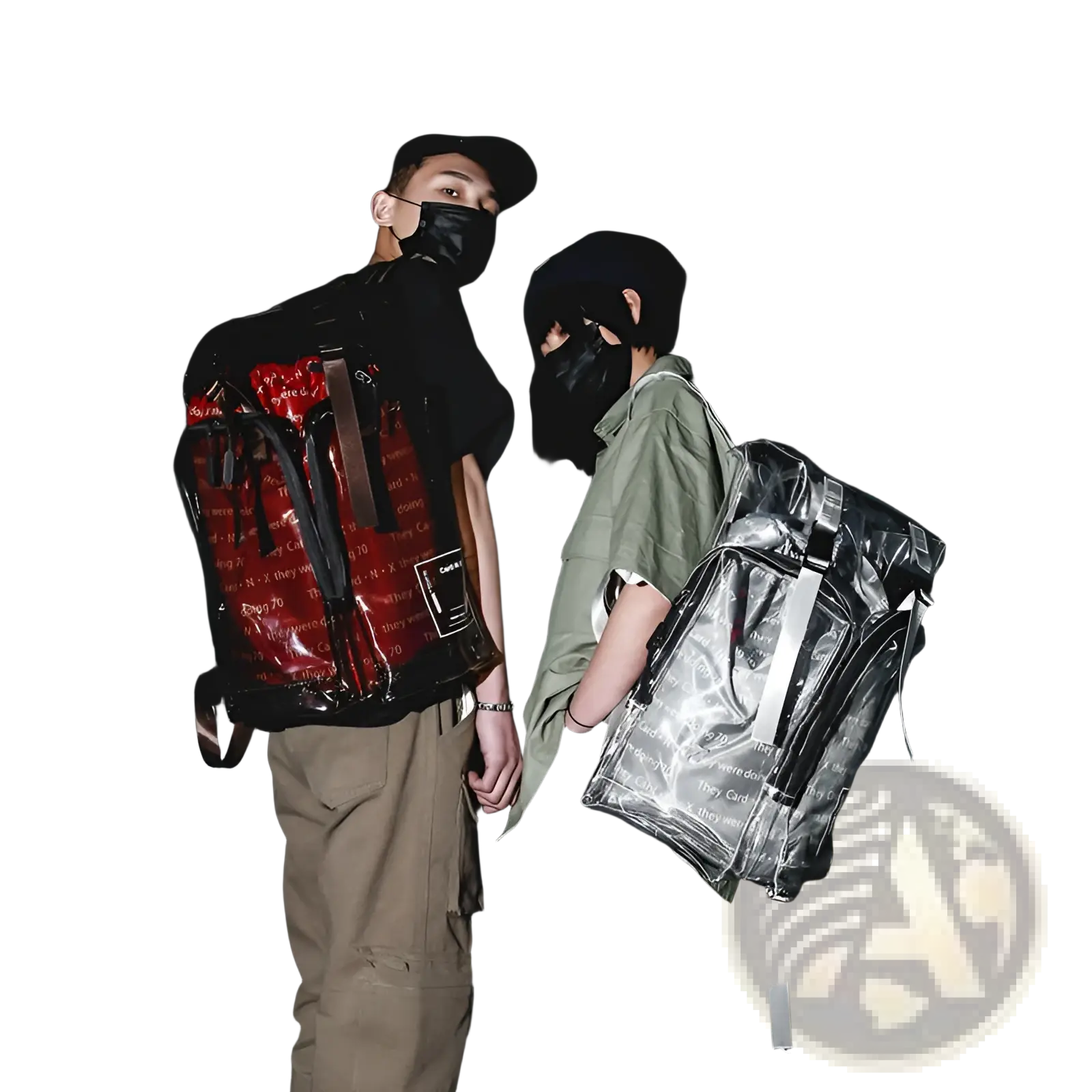 Transparent vinyl red and black schoolbag backpack with repeating text print and transparent material visible
