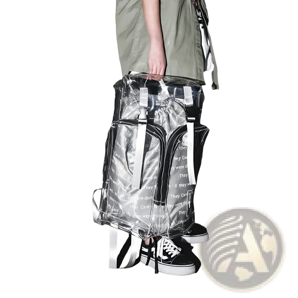 Transparent vinyl text print schoolbag backpack with silver zippers and straps featuring white repeating text pattern