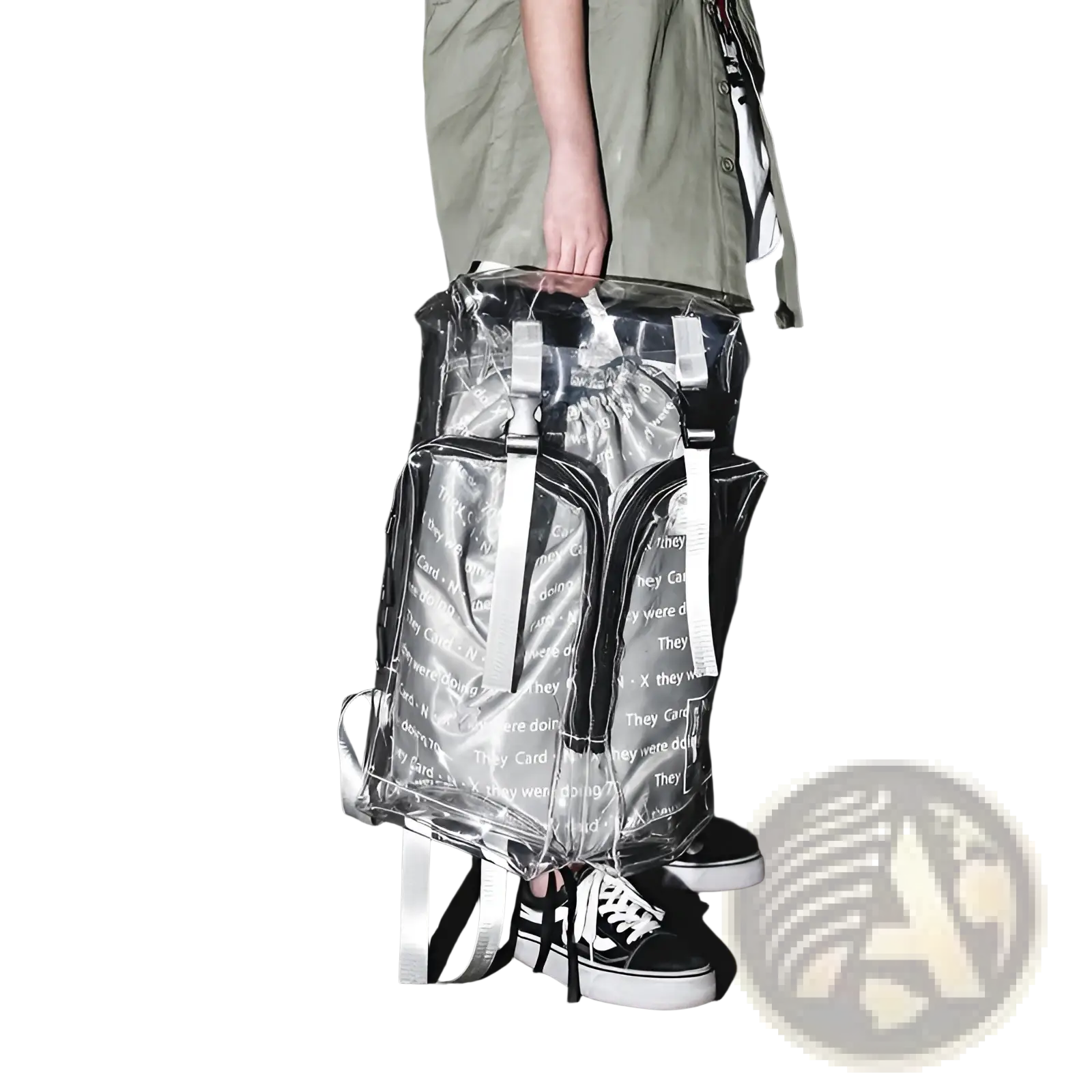 Transparent vinyl text print schoolbag backpack with silver zippers and straps featuring white repeating text pattern