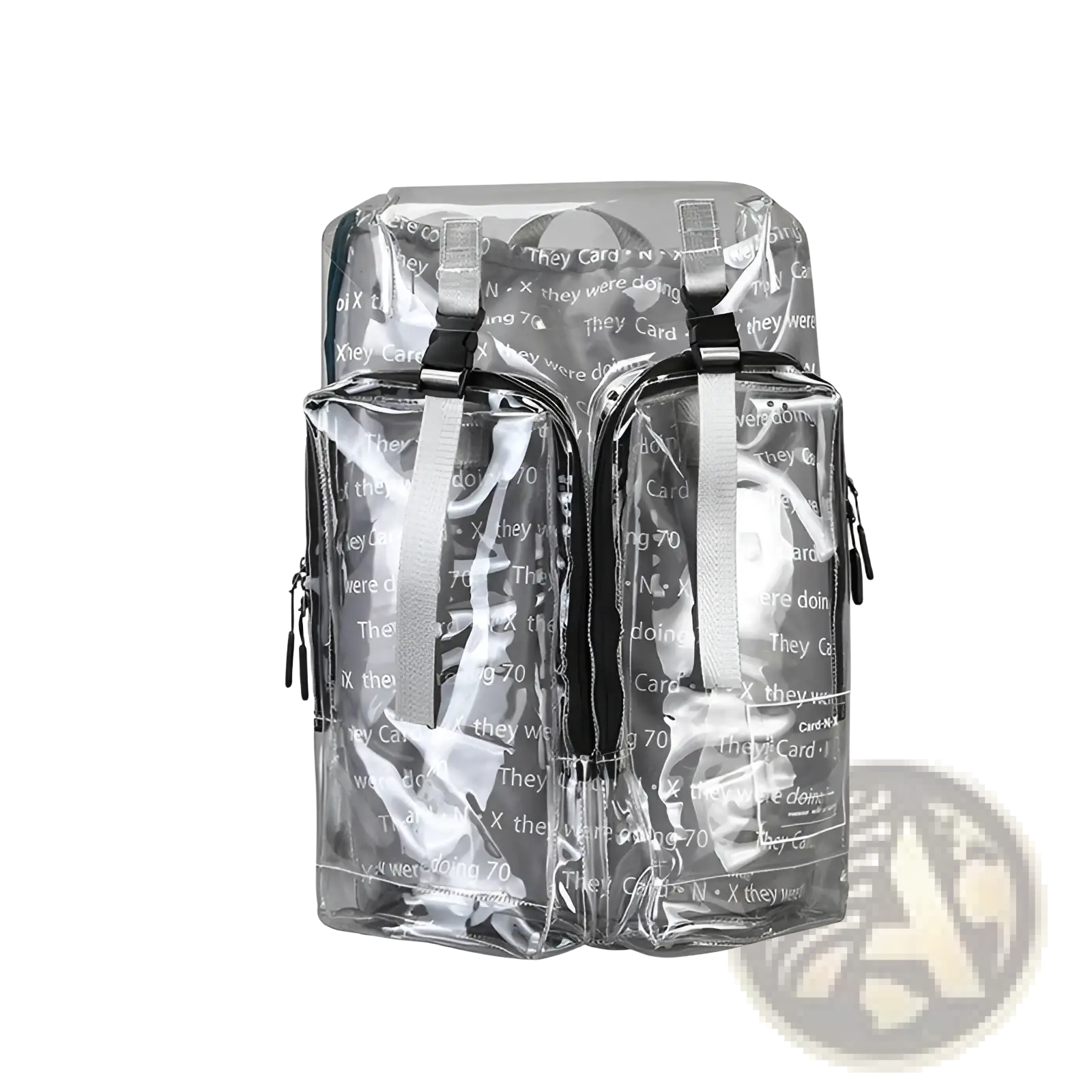 Transparent vinyl schoolbag backpack with silver text print and gray straps shown from the back side