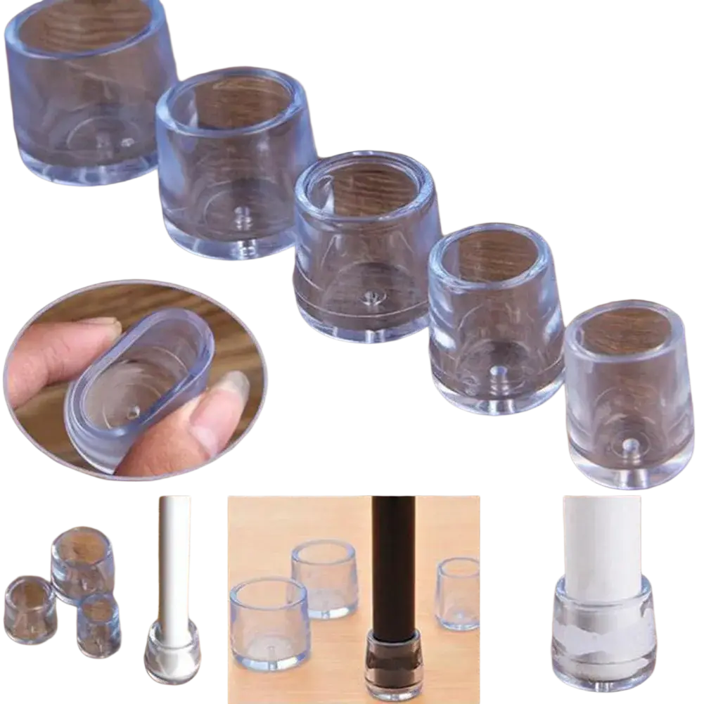 Transparent white high quality clear plastic furniture leg protector caps designed to fit under furniture legs for protection and grip